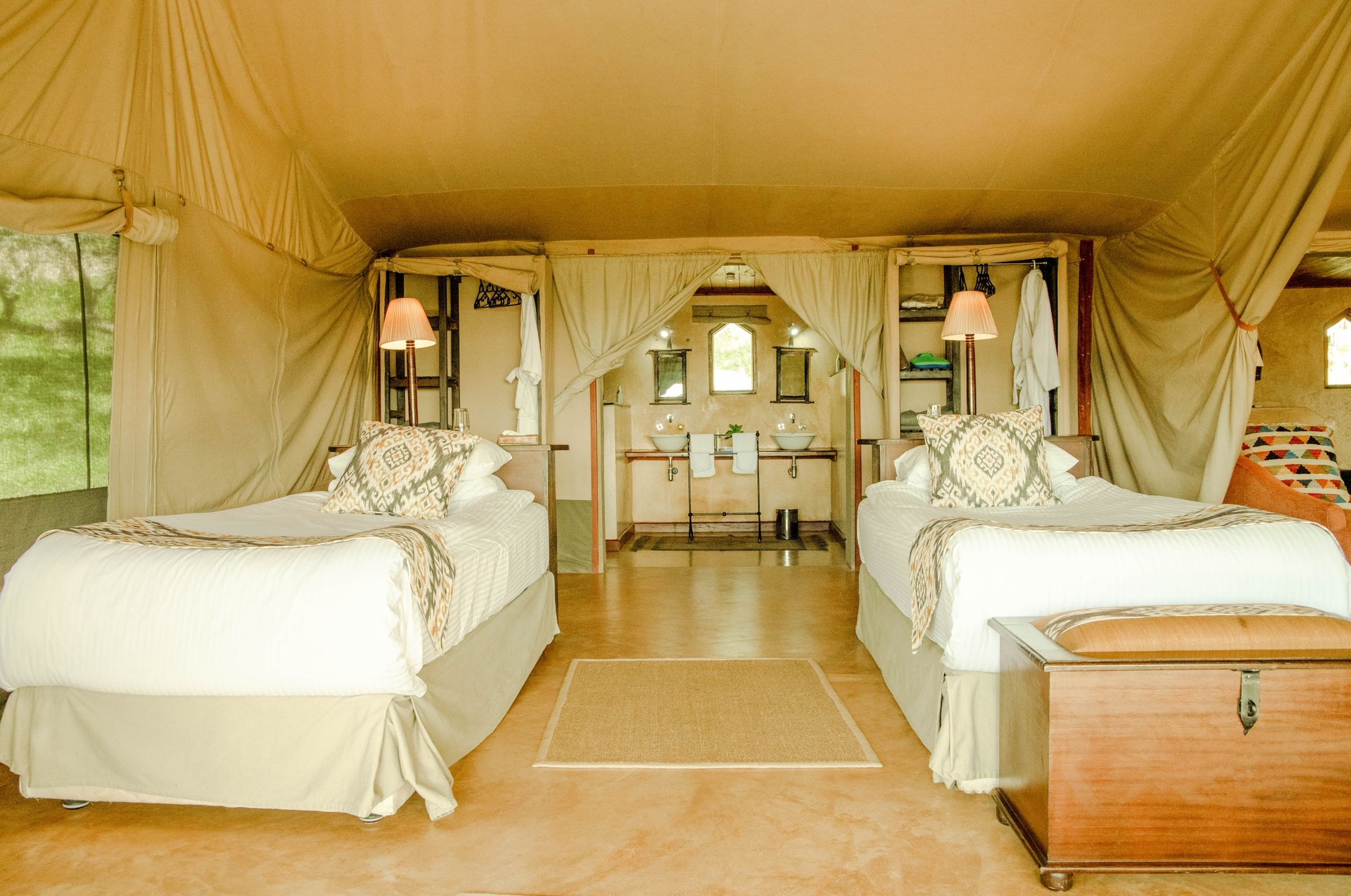 The interior of a luxury safari tent