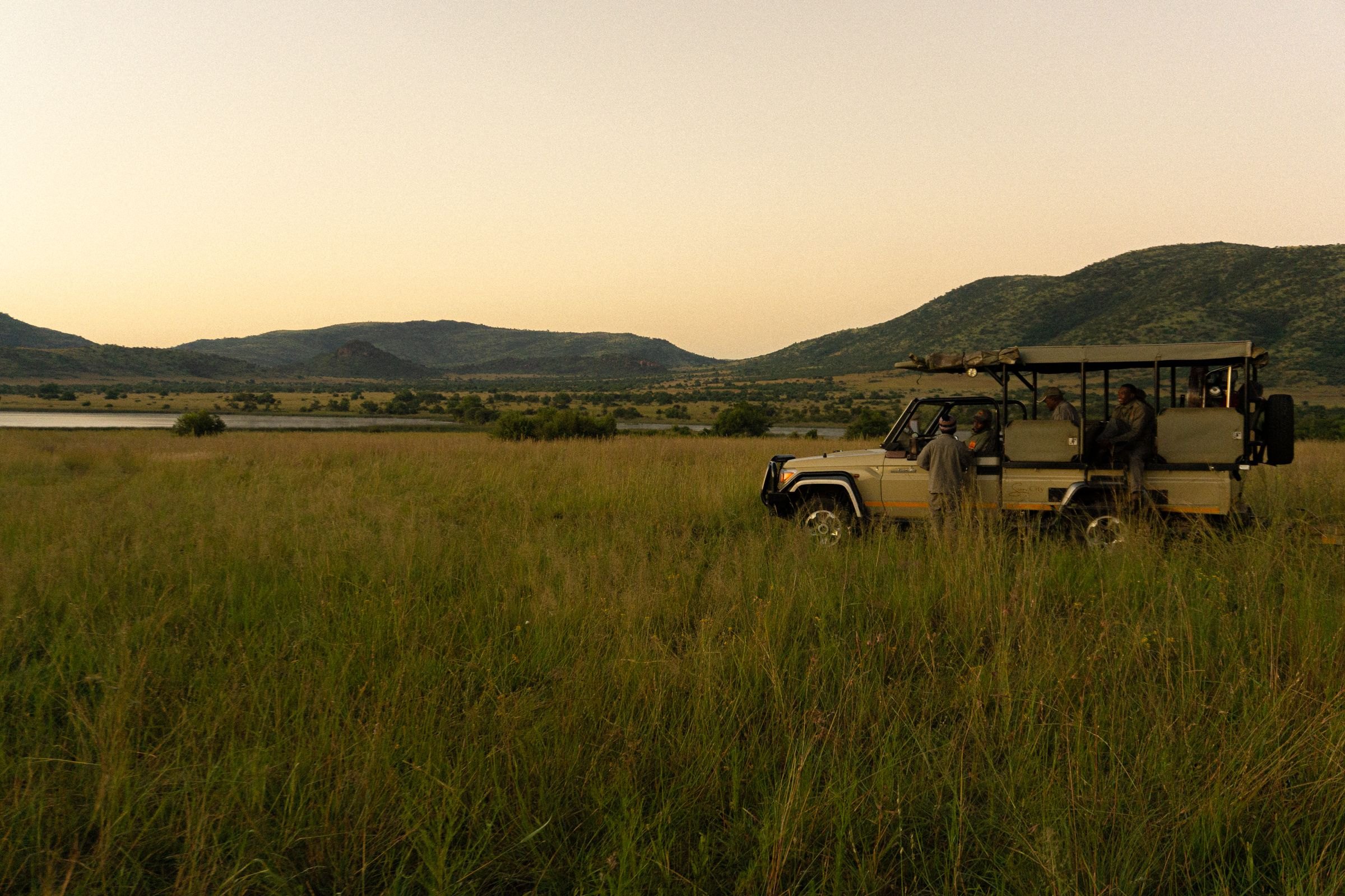 A safari vehicle watching wildlife at dusk
