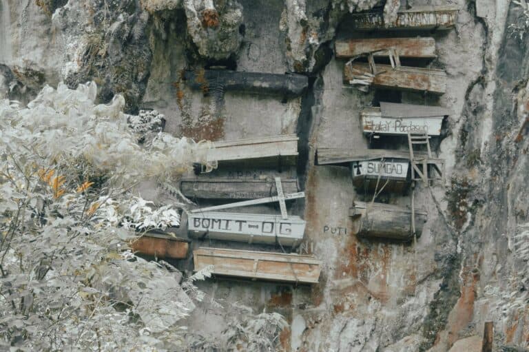 The hanging coffins on a limestone cliff in Sagada, Philippines