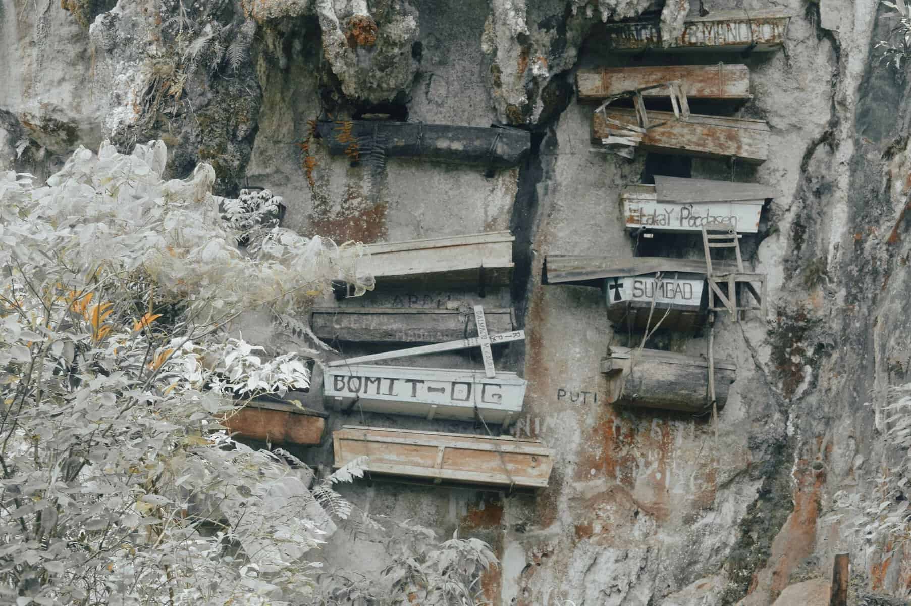 The hanging coffins on a limestone cliff in Sagada, Philippines