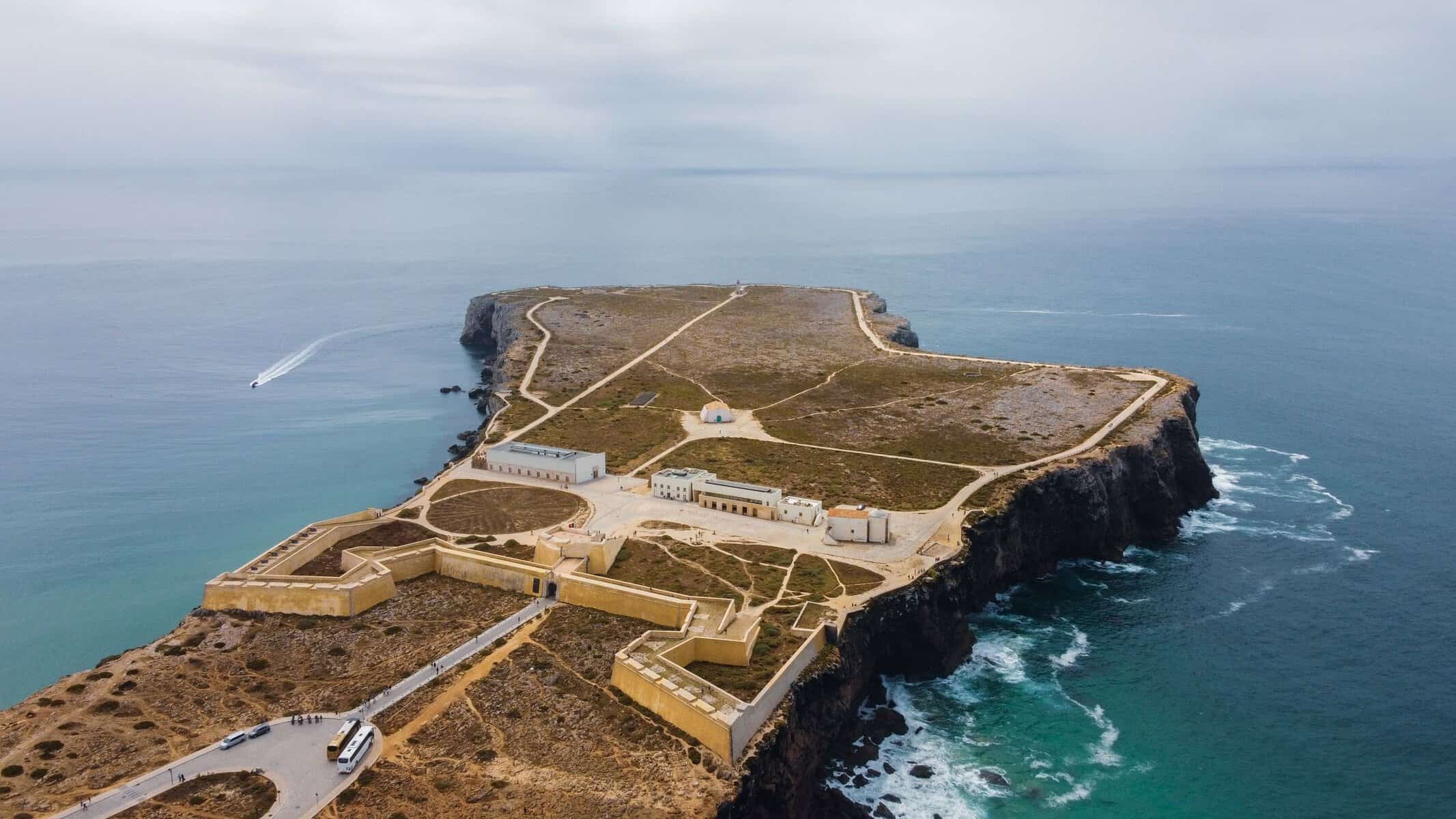 Aerial view of Sagres Fortress on its headland, Algarve, Portugal
