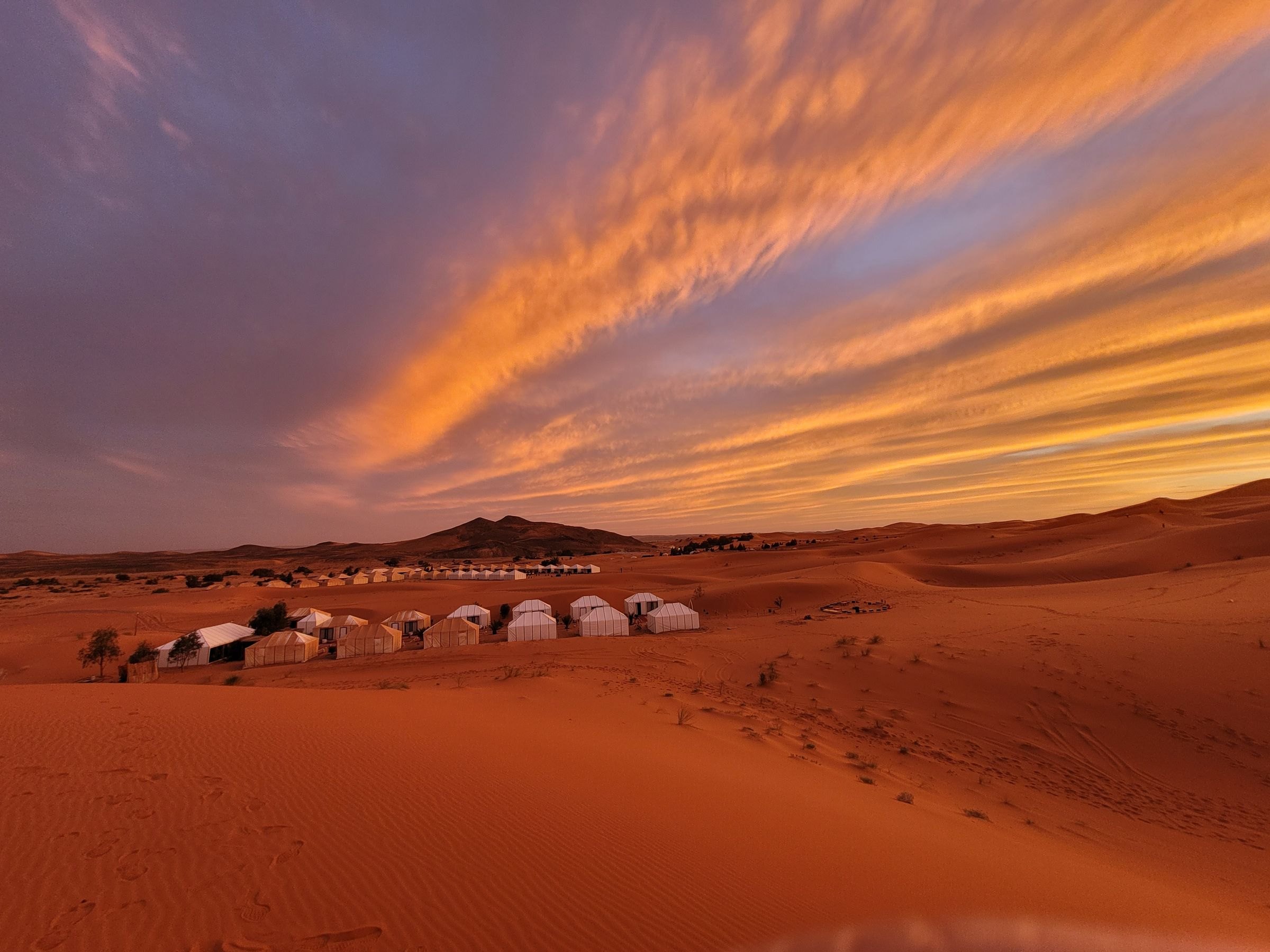 White tents of a Sahara desert camp at sunset