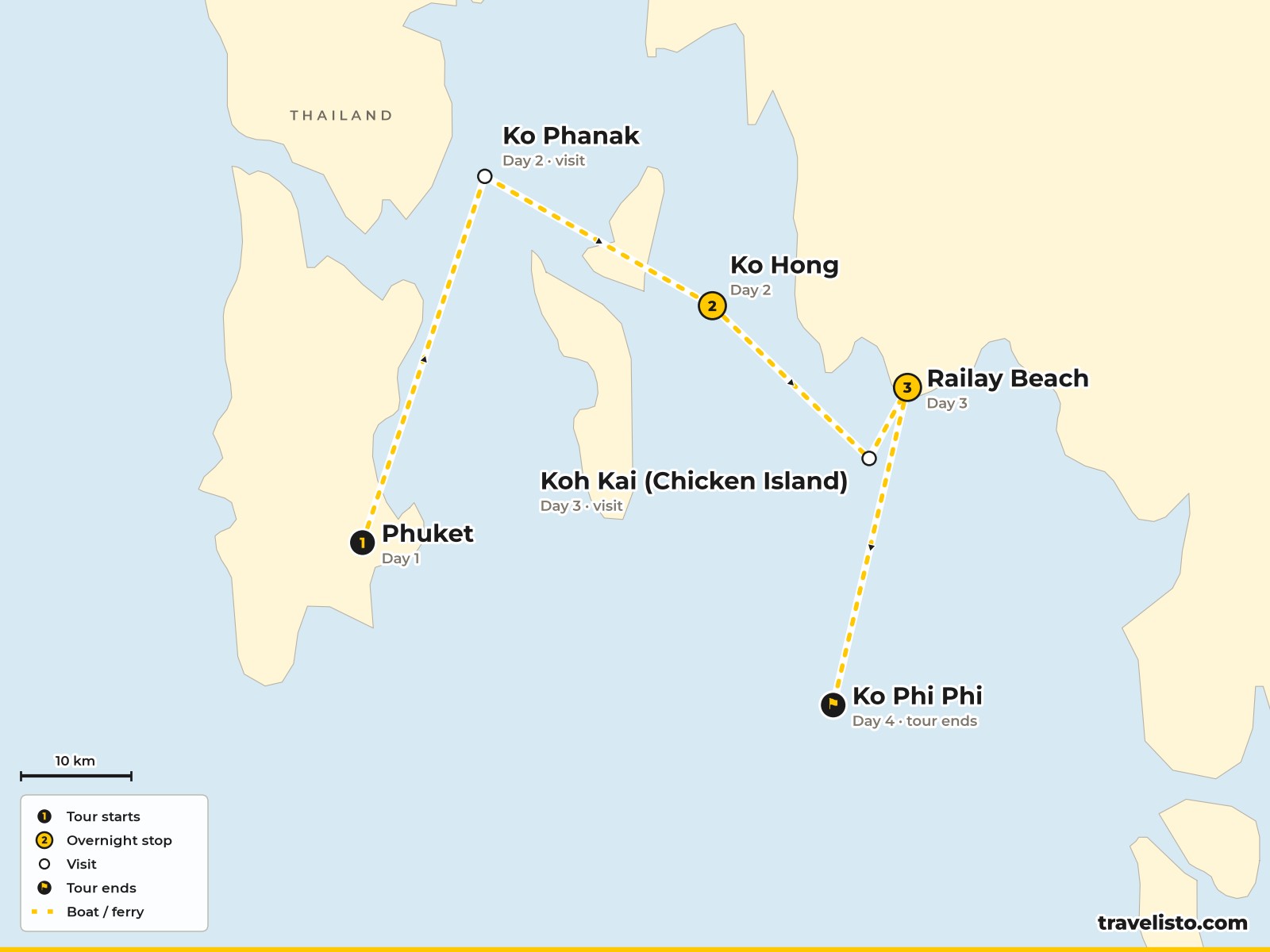 Map of the 4-day sailing route from Phuket through Phang Nga Bay to Railay and Ko Phi Phi
