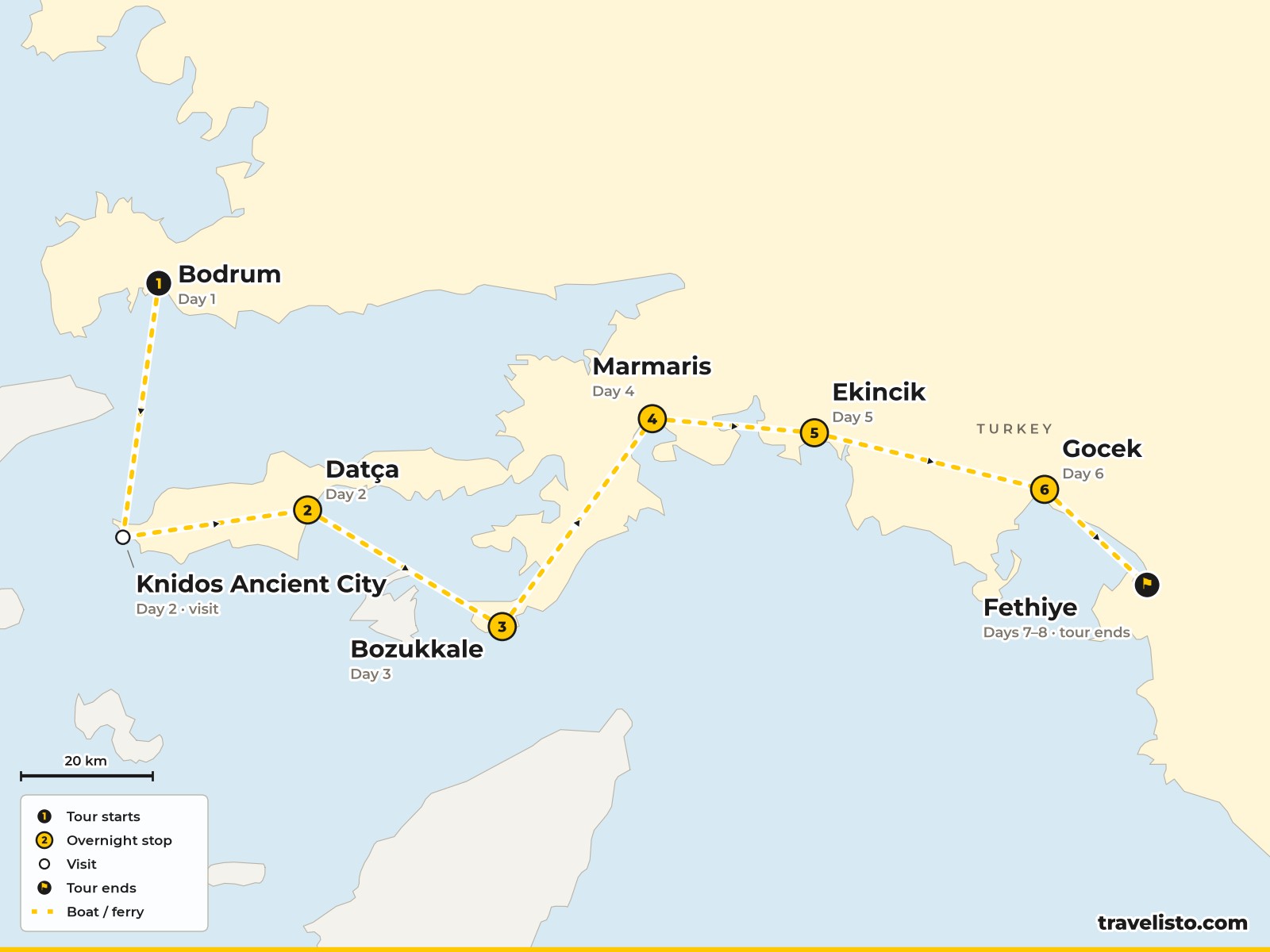 Map of the 8-day gulet cruise from Bodrum to Fethiye