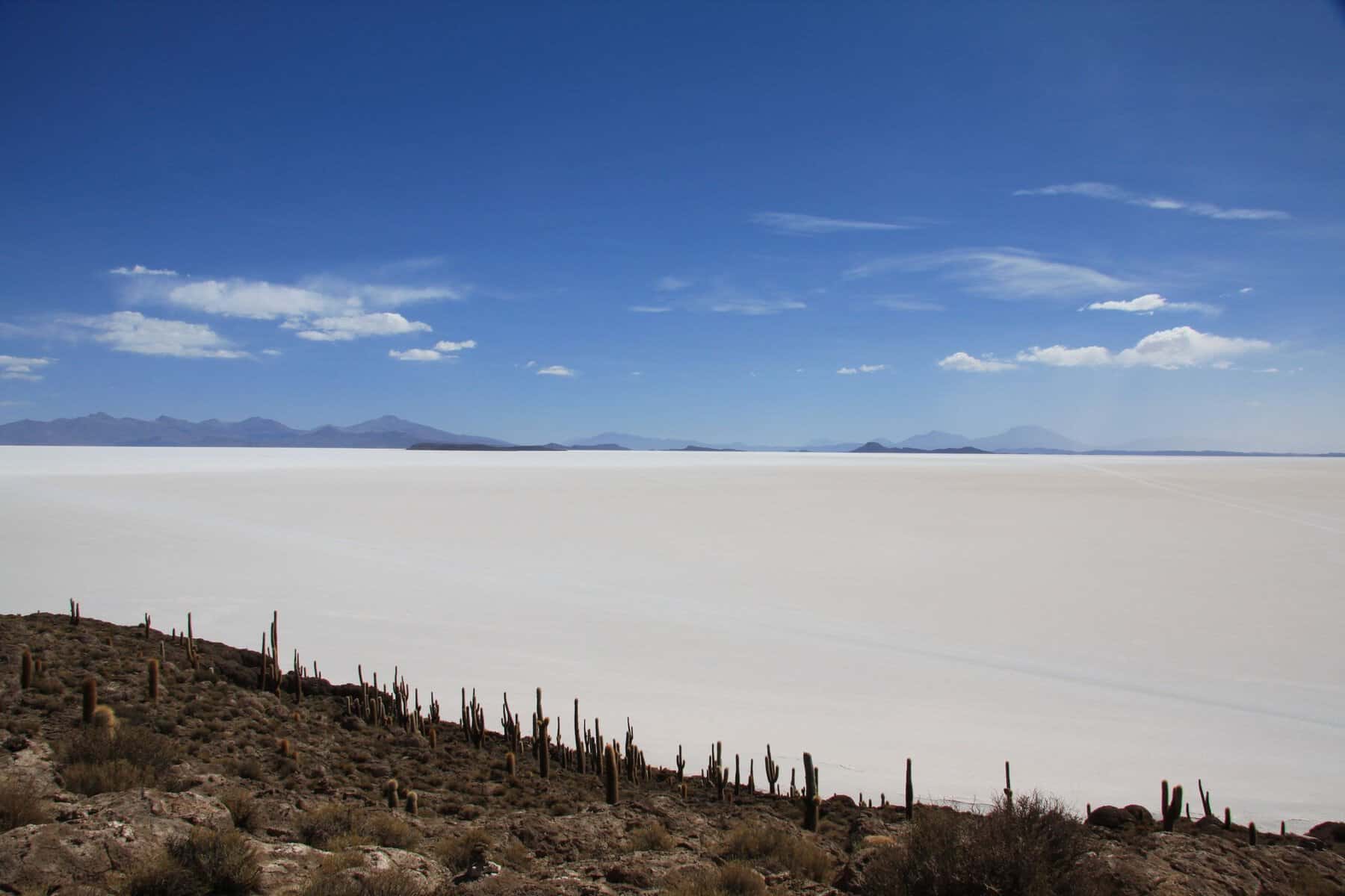 The white expanse of the Salar de Uyuni salt flats, Bolivia