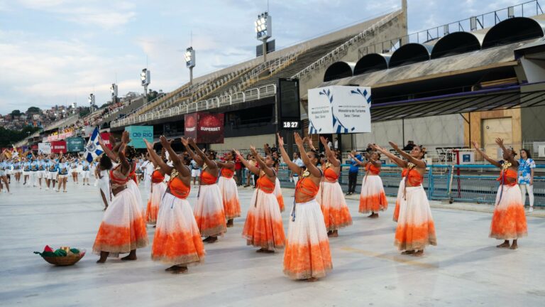 Samba dancers performing at the Sambadrome in Rio de Janeiro