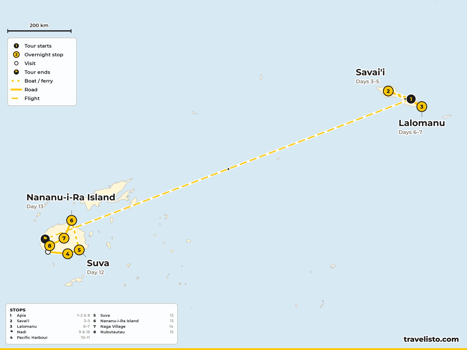 Map of the 16-day route from Apia around Samoa, then across Fiji from Nadi to Nubutautau