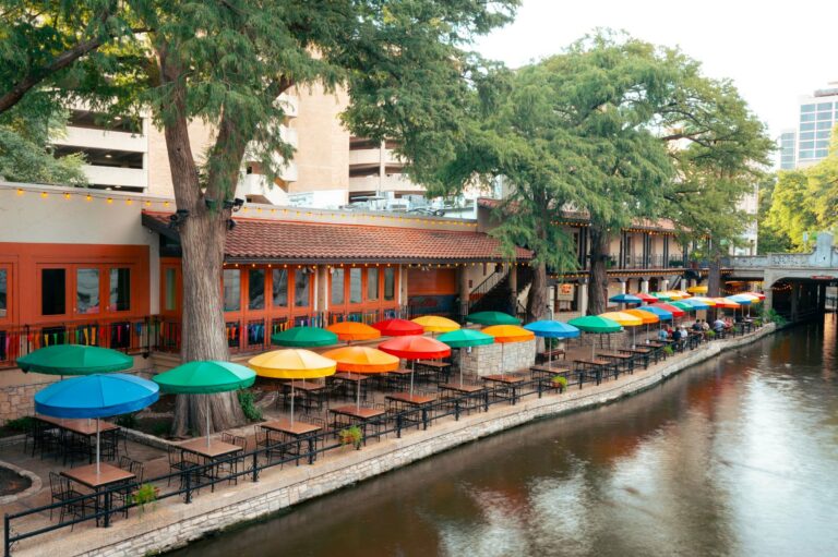 Umbrellas along the San Antonio River Walk