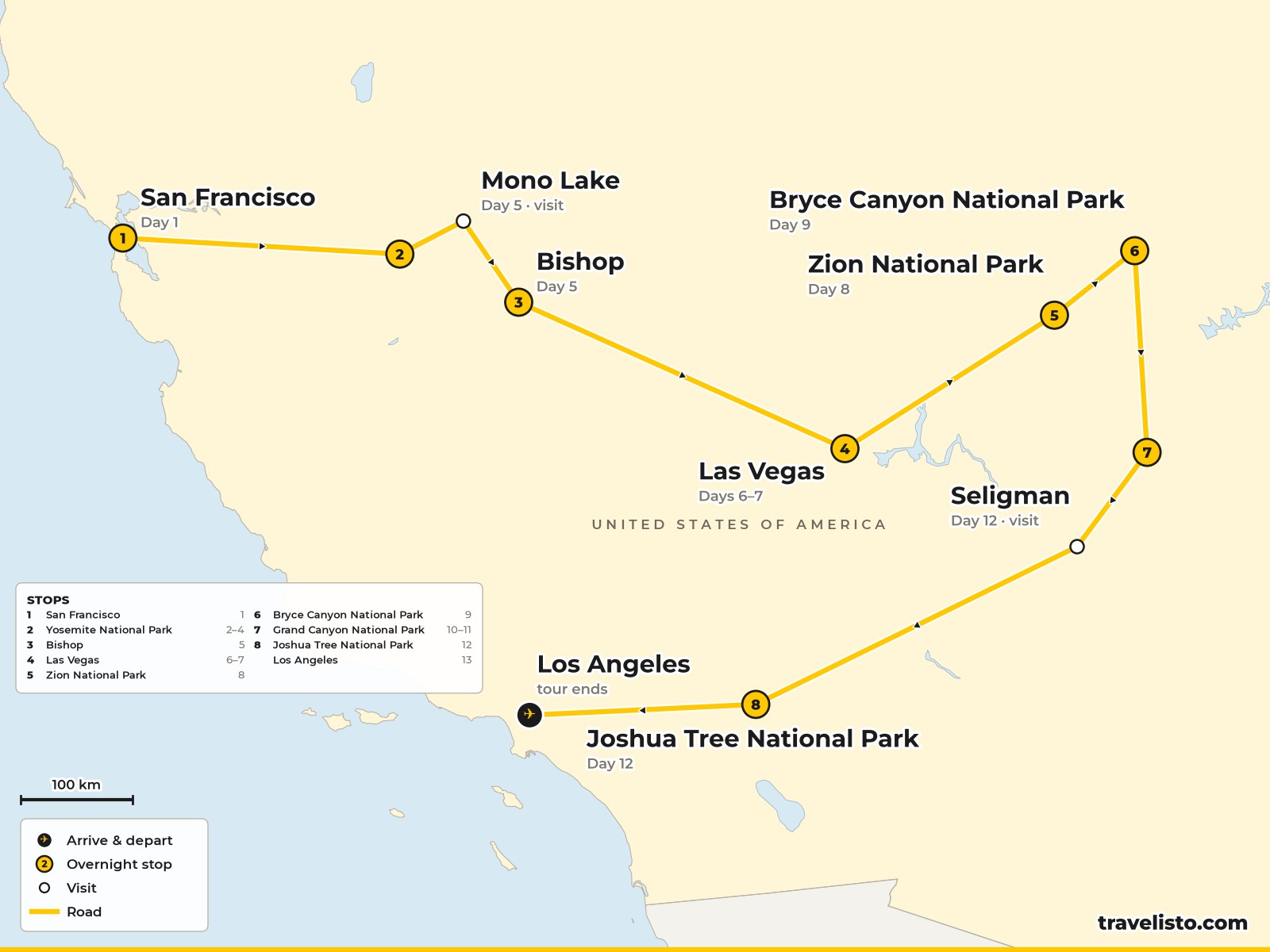Map of the 13-day route from San Francisco to Yosemite, Mono Lake, Las Vegas, Zion, Bryce Canyon, the Grand Canyon, Joshua Tree and Los Angeles