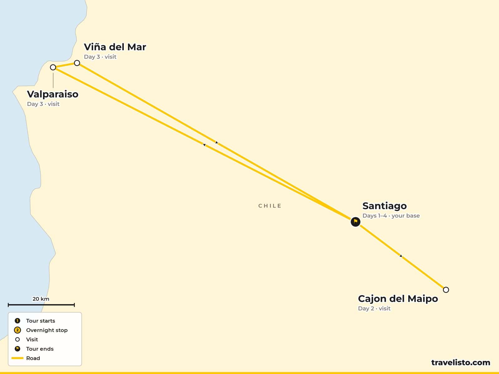Map of the 4-day Santiago short break with a day trip to Valparaíso and Viña del Mar