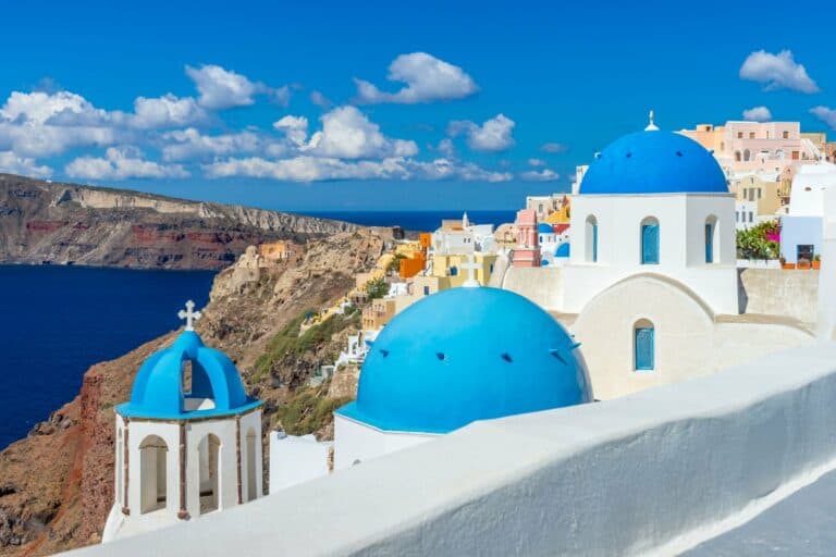 Blue-domed churches above the caldera on Santorini, Greece