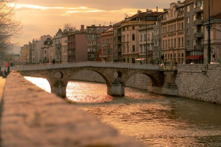 The Latin Bridge over the Miljacka River in Sarajevo at sunset