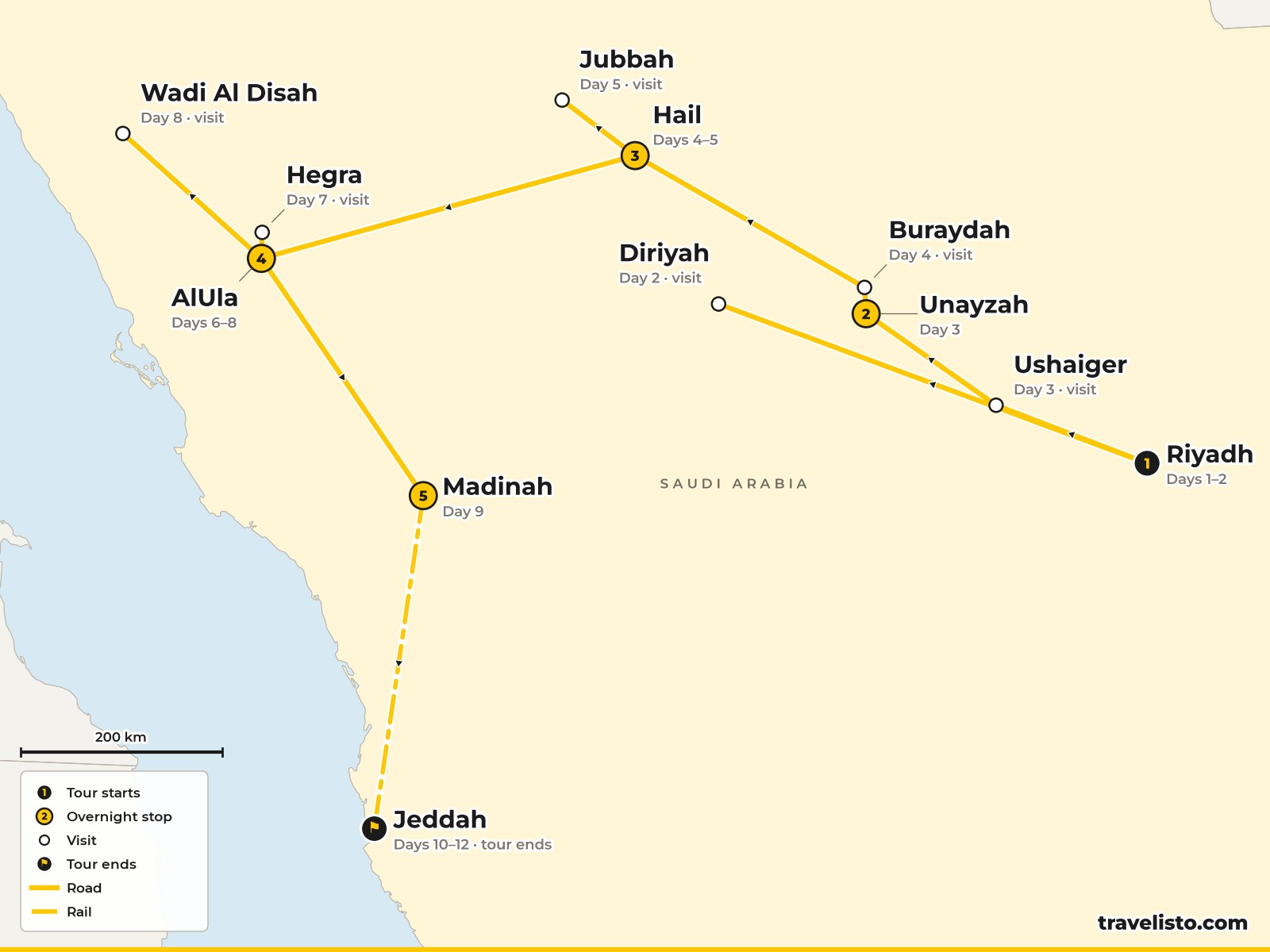 Map of the 12-day route from Riyadh to Unayzah, Hail, AlUla, Madinah and Jeddah