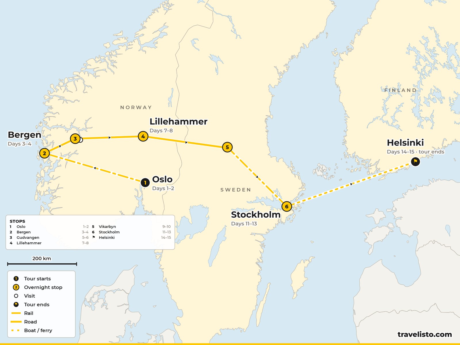 Map of the 15-day route from Oslo to Bergen, the Norwegian fjords, Lillehammer, Rättvik, Stockholm and Helsinki