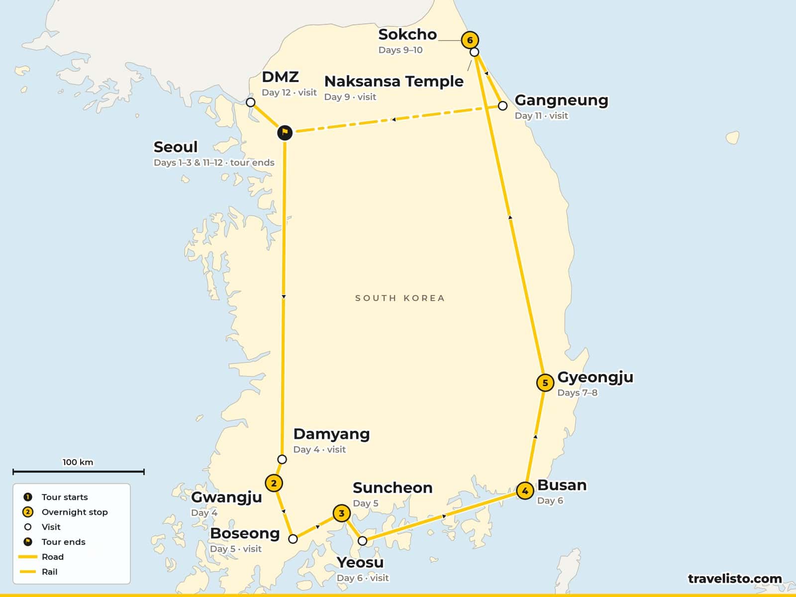 Map of the 13-day tour from Seoul south to Gwangju, Yeosu and Busan, then Gyeongju, Sokcho and Mount Seorak, and back to Seoul