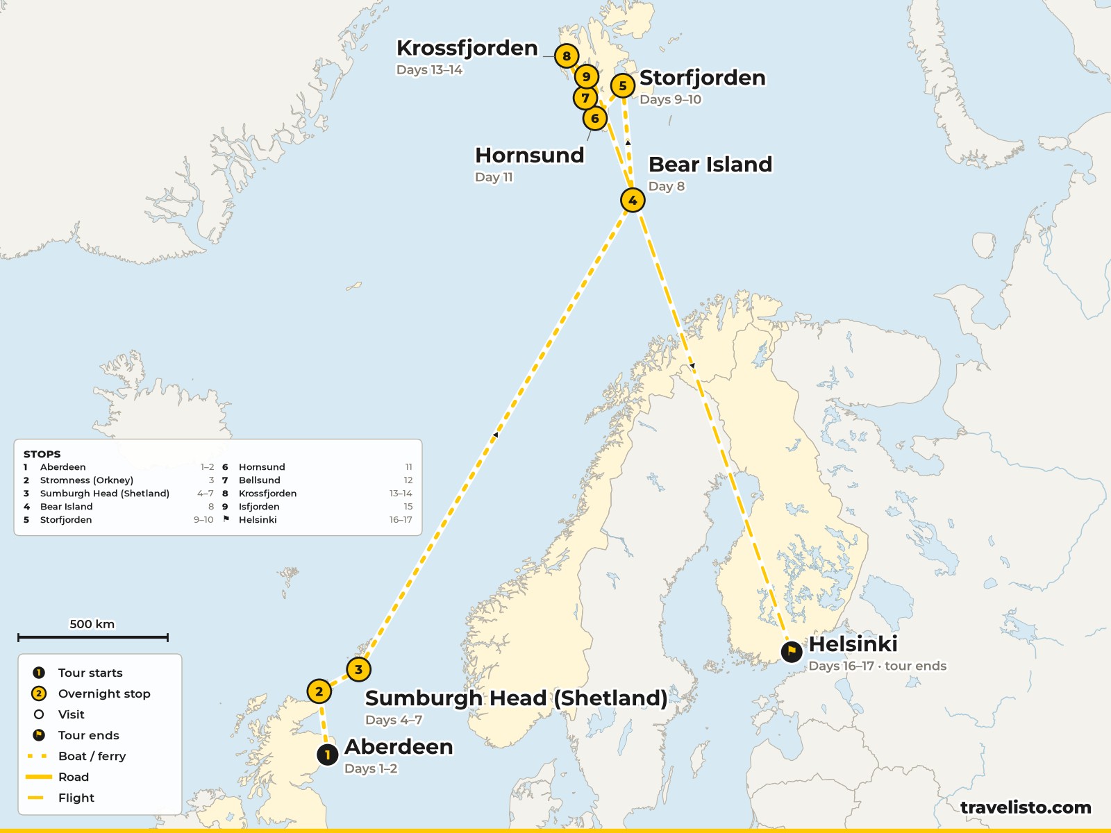 Map of the 17-day expedition cruise from Aberdeen to Orkney, Shetland, Bear Island and Svalbard