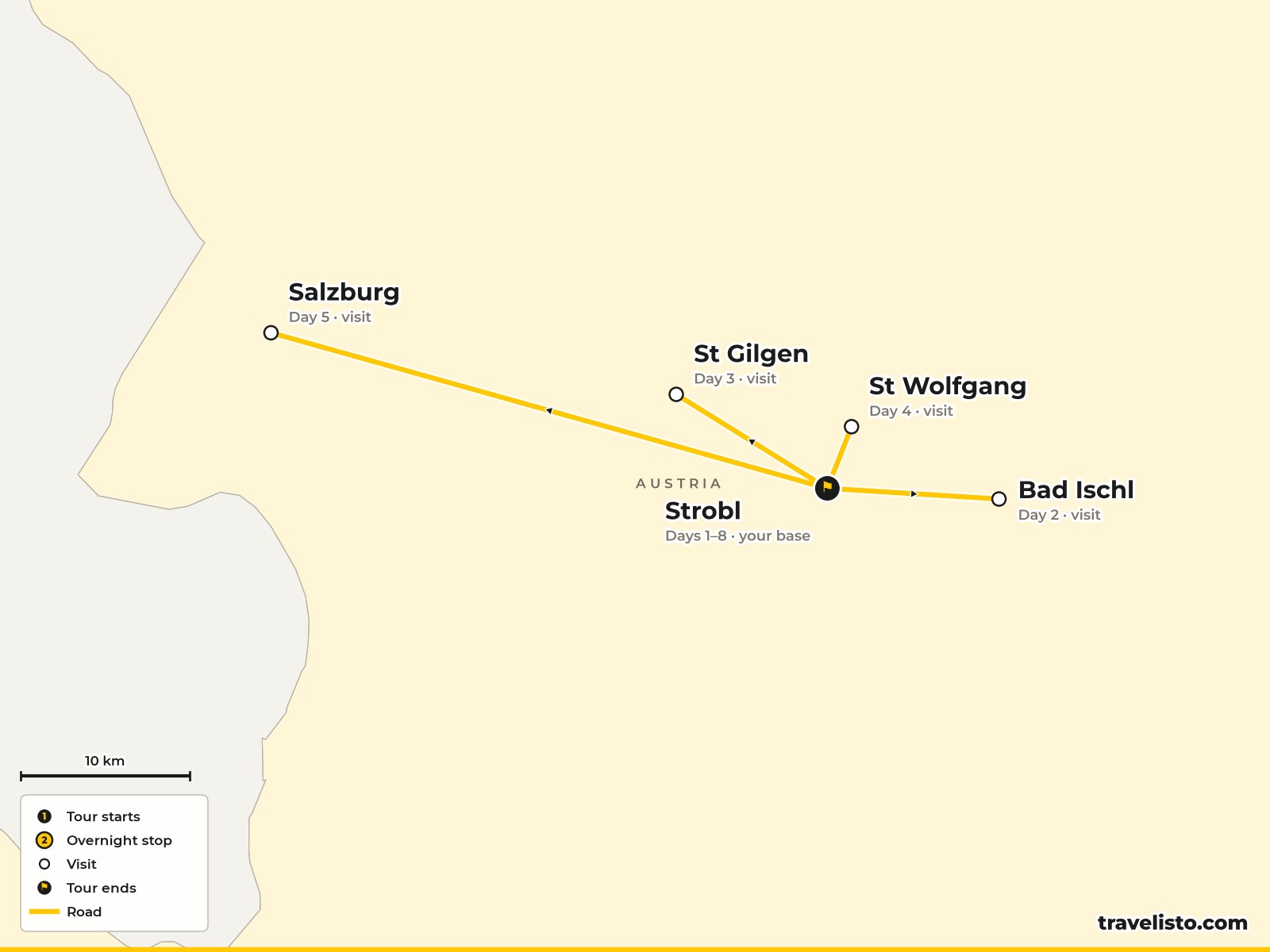 Map of the 8-day self-guided holiday based in Strobl, with routes to Bad Ischl, St Gilgen, St Wolfgang and Salzburg