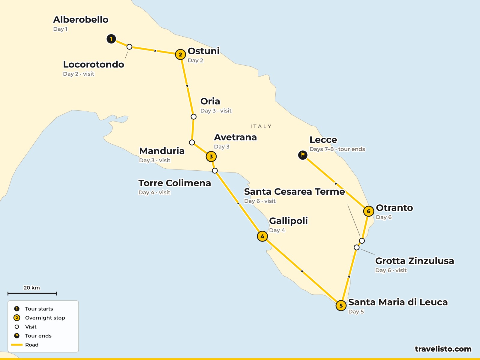 Map of the 8-day cycling route from Alberobello through Salento to Lecce