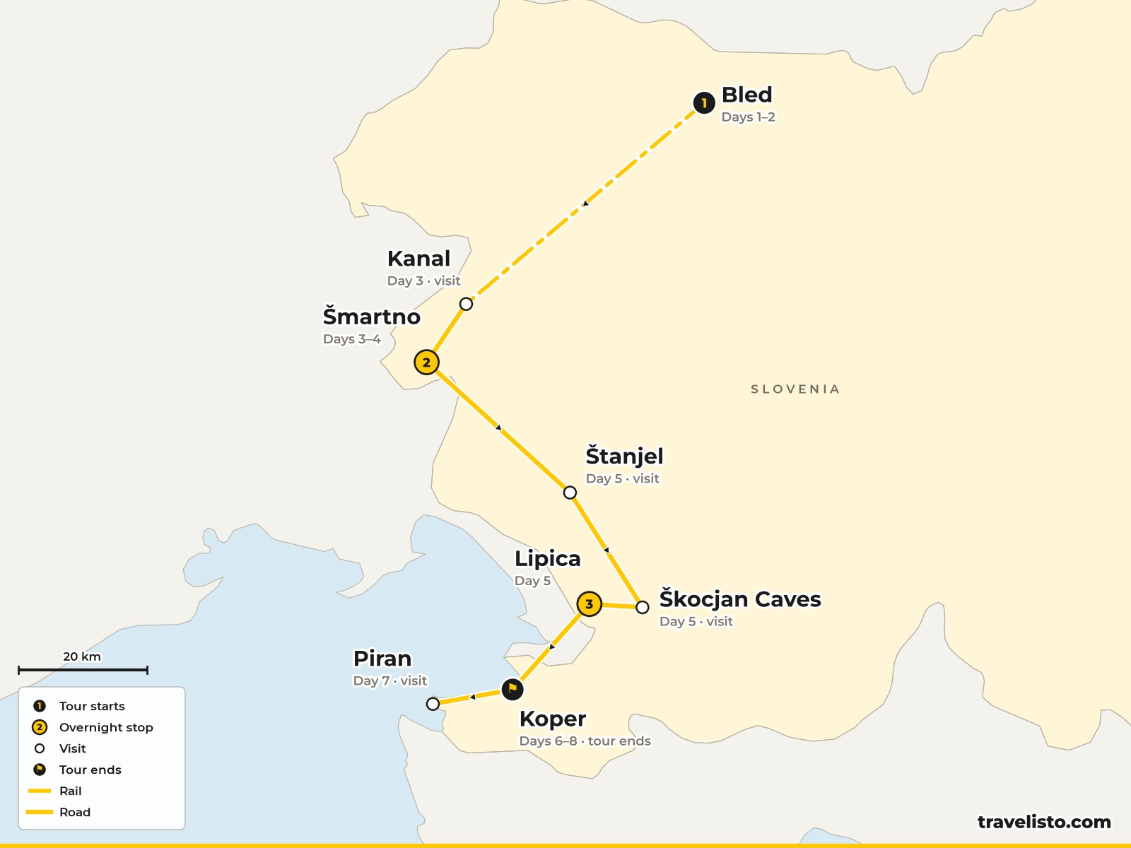 Map of the 8-day self-guided cycling route from Bled to Kanal, Šmartno, Štanjel, Lipica and Koper