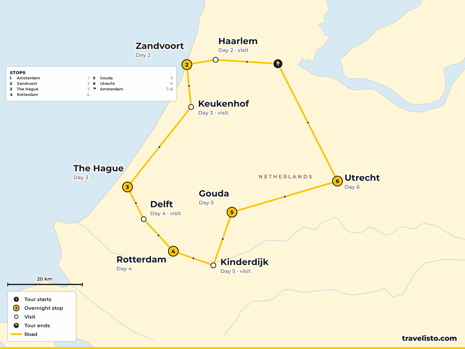 Map of the 8-day cycling route from Amsterdam to Zandvoort, The Hague, Rotterdam, Gouda and Utrecht