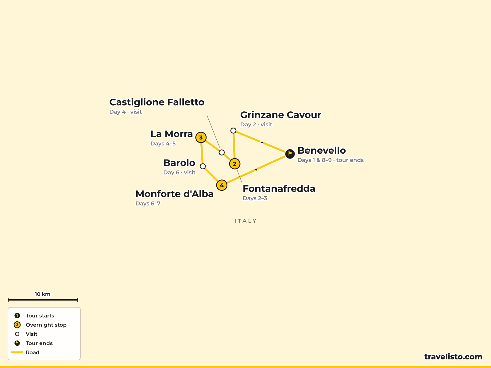 Map of the 9-day Barolo walking route from Benevello to Fontanafredda, La Morra and Monforte d'Alba