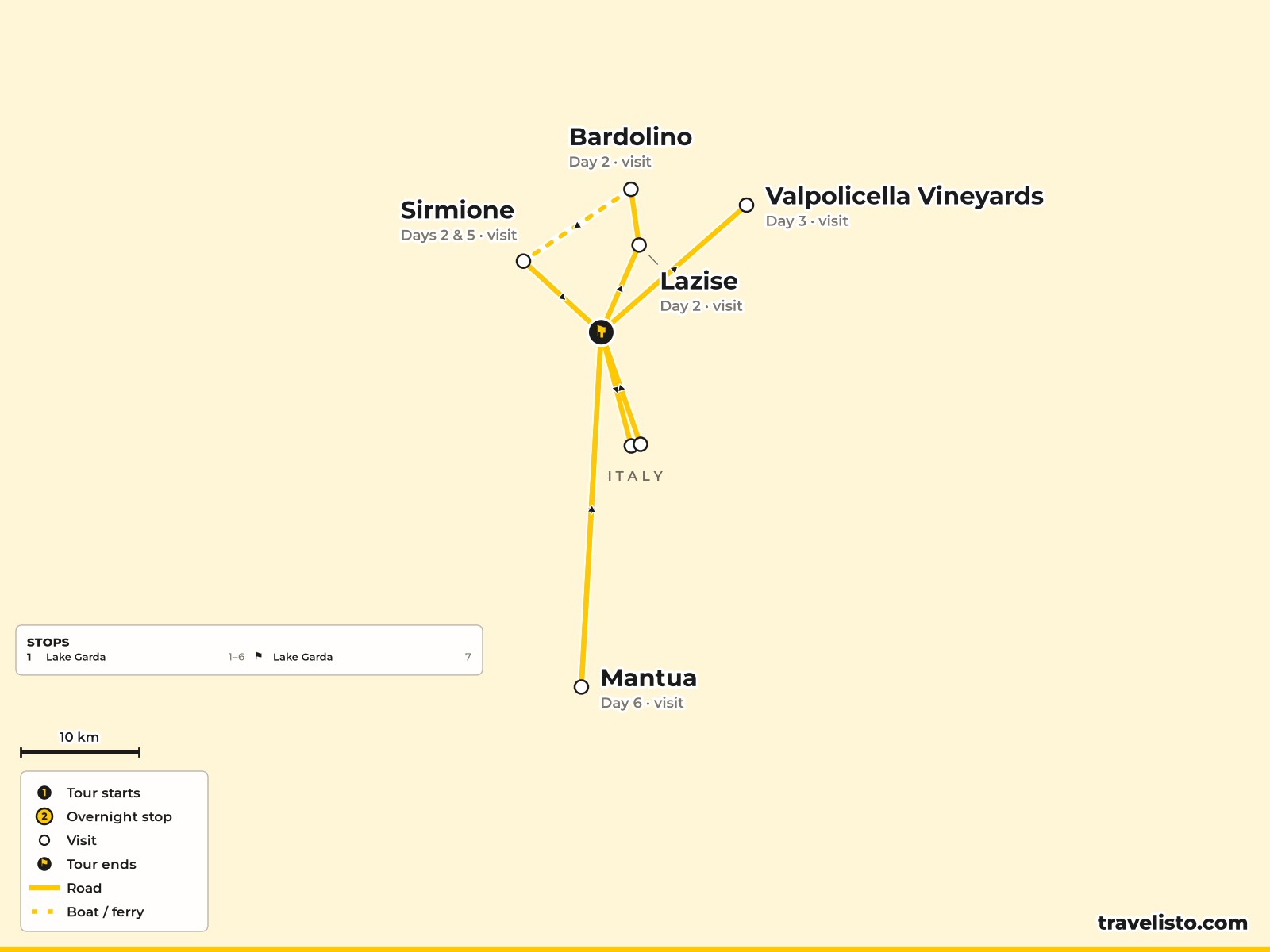 Map of the 7-day e-bike rides around Lake Garda, Valpolicella and Mantua