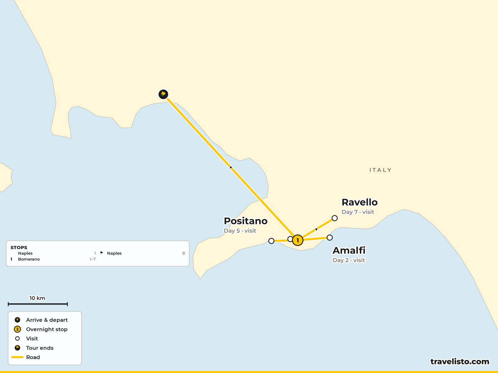 Map of the Amalfi Coast showing walks from Agerola to Amalfi, Positano and Ravello