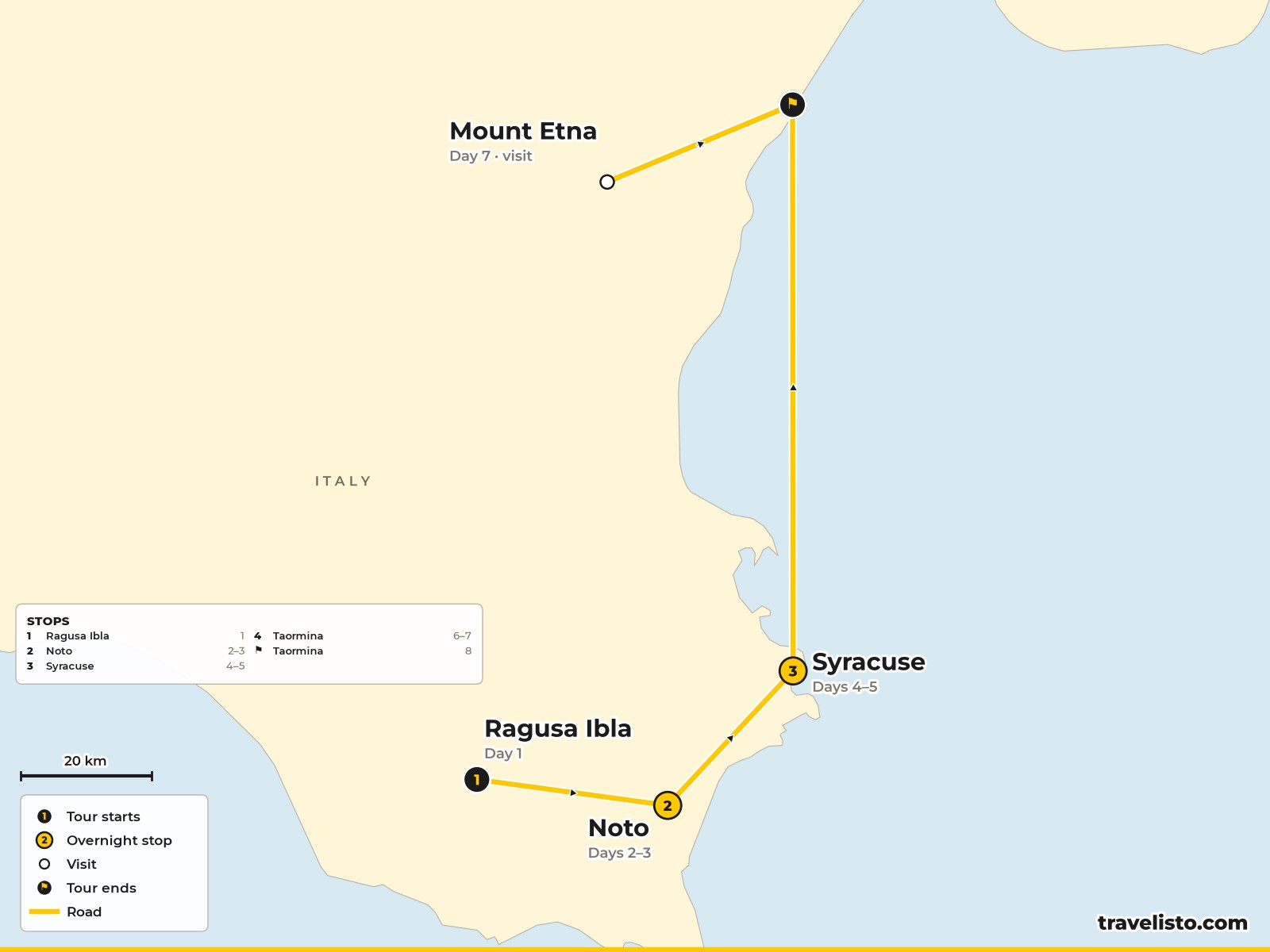 Map of the 8-day route from Ragusa Ibla to Noto, Syracuse, Taormina and Mount Etna