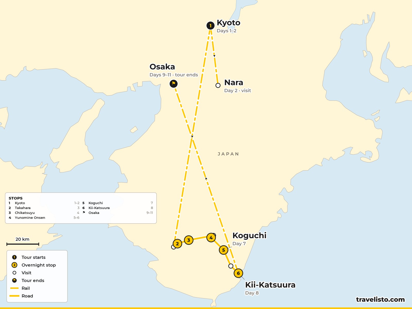 Map of the Kumano Kodo route on the Kii Peninsula from Takijiri to Hongu and Nachi