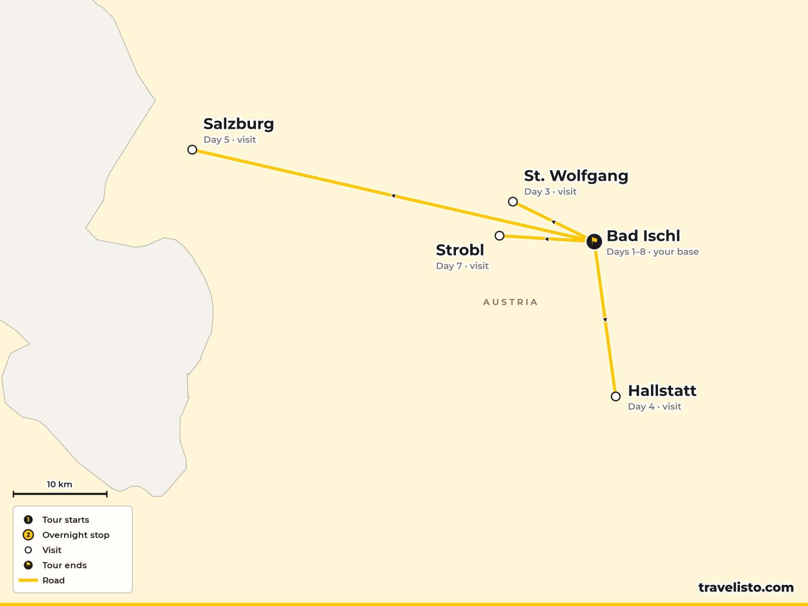 Map of the 8-day self-guided walks from Bad Ischl to the Wolfgangsee, Hallstatt, St Gilgen and Katrin