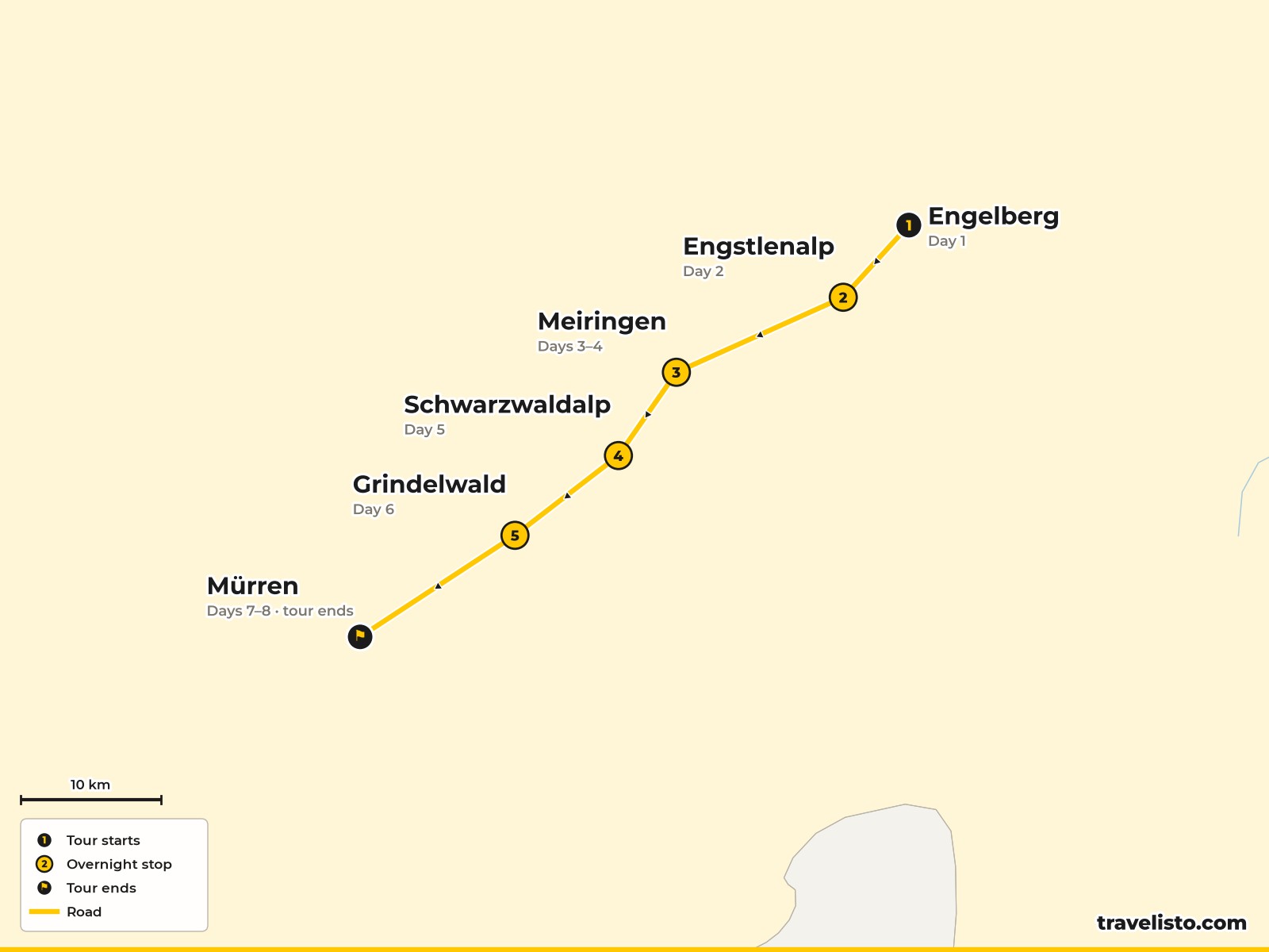 Map of the 8-day self-guided walk from Engelberg to Meiringen, Grindelwald and Mürren