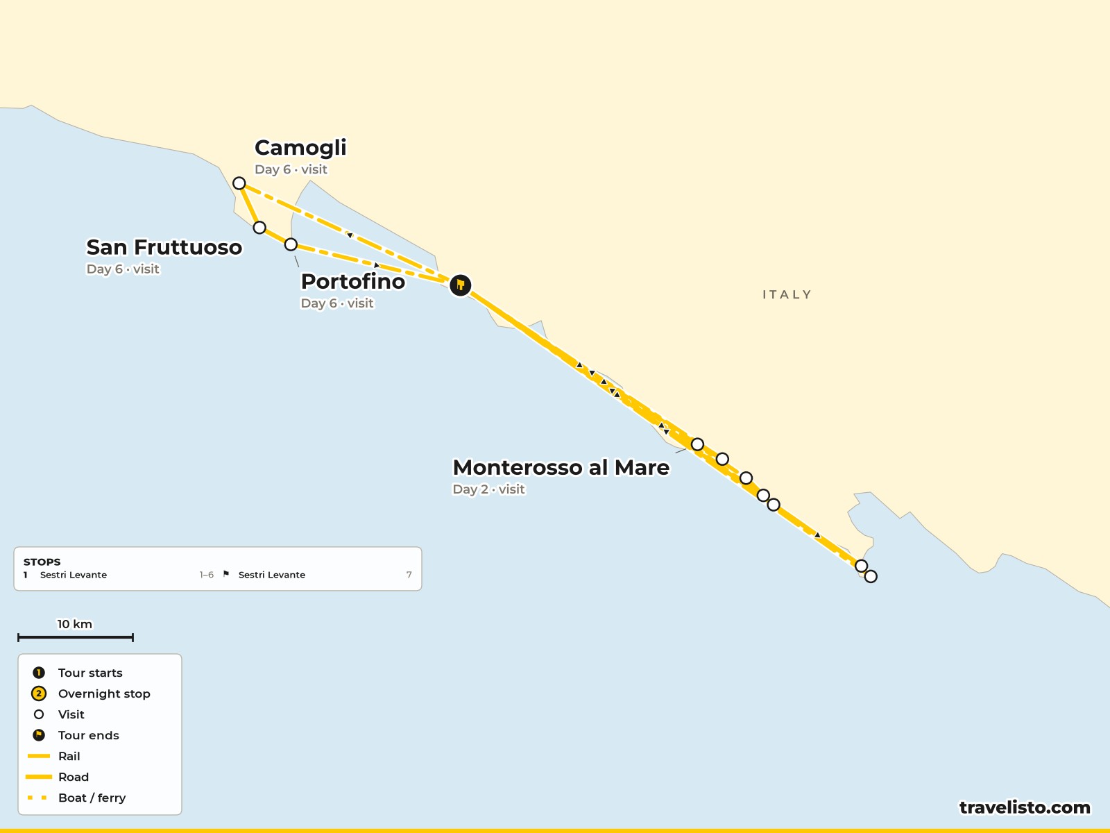 Map of the Ligurian coast showing walks from Sestri Levante to the Cinque Terre, Portovenere and Portofino