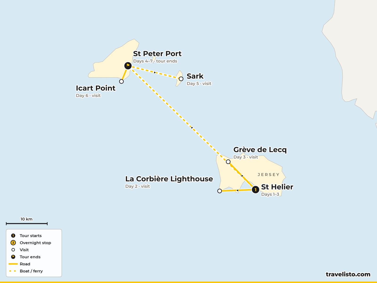 Map of the 7-day walking route on Jersey, Guernsey and Sark
