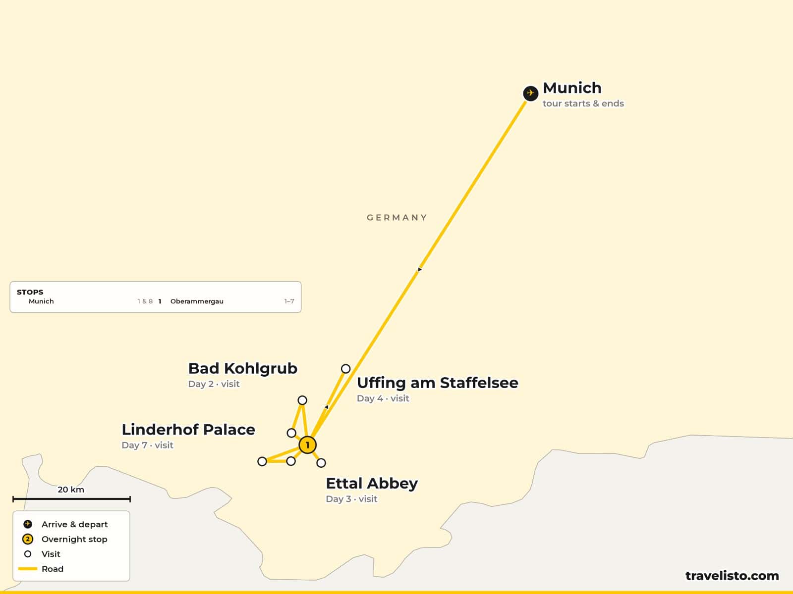Map of the 8-day self-guided walks from Oberammergau to the Ammer Valley, Ettal, the Staffelsee, the Sonnenberg ridge and Linderhof