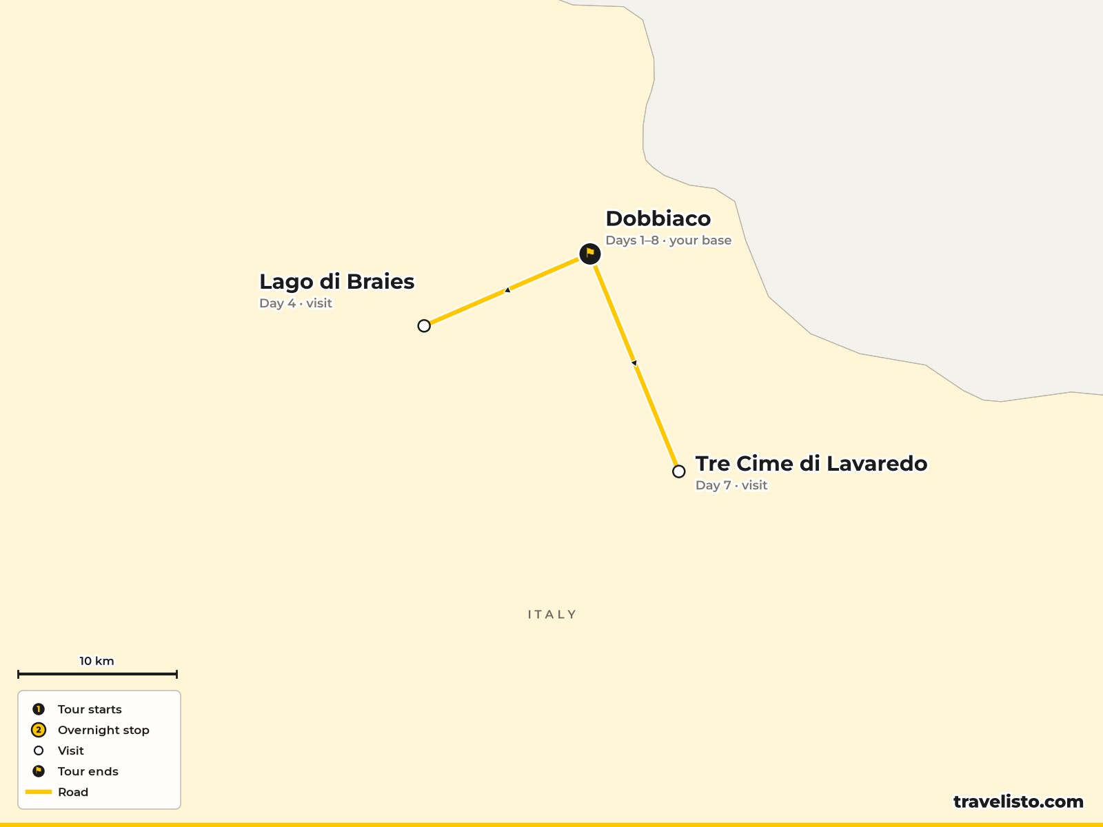Map of the 8-day self-guided walking holiday based in Dobbiaco, with walks to Lago di Braies, Ra Stua and the Tre Cime