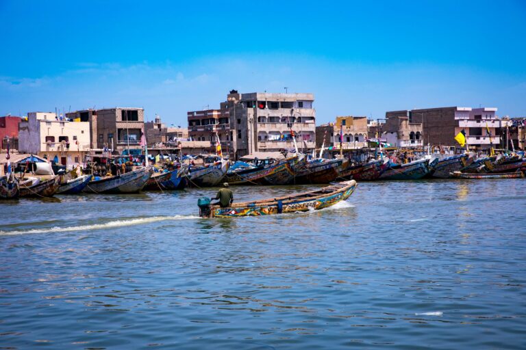 Painted fishing boats along the Senegalese coast