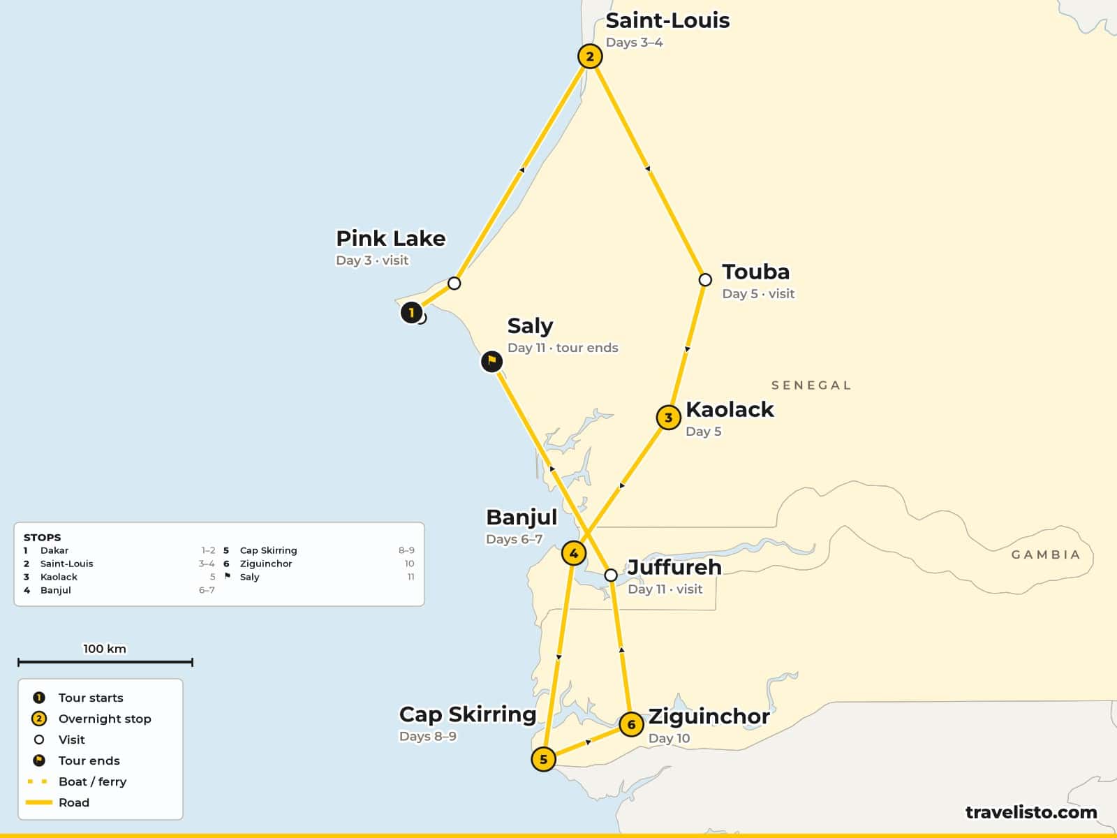Map of the 12-day trip from Dakar to Saint-Louis, Touba, Banjul, Cap Skirring, Ziguinchor and Saly