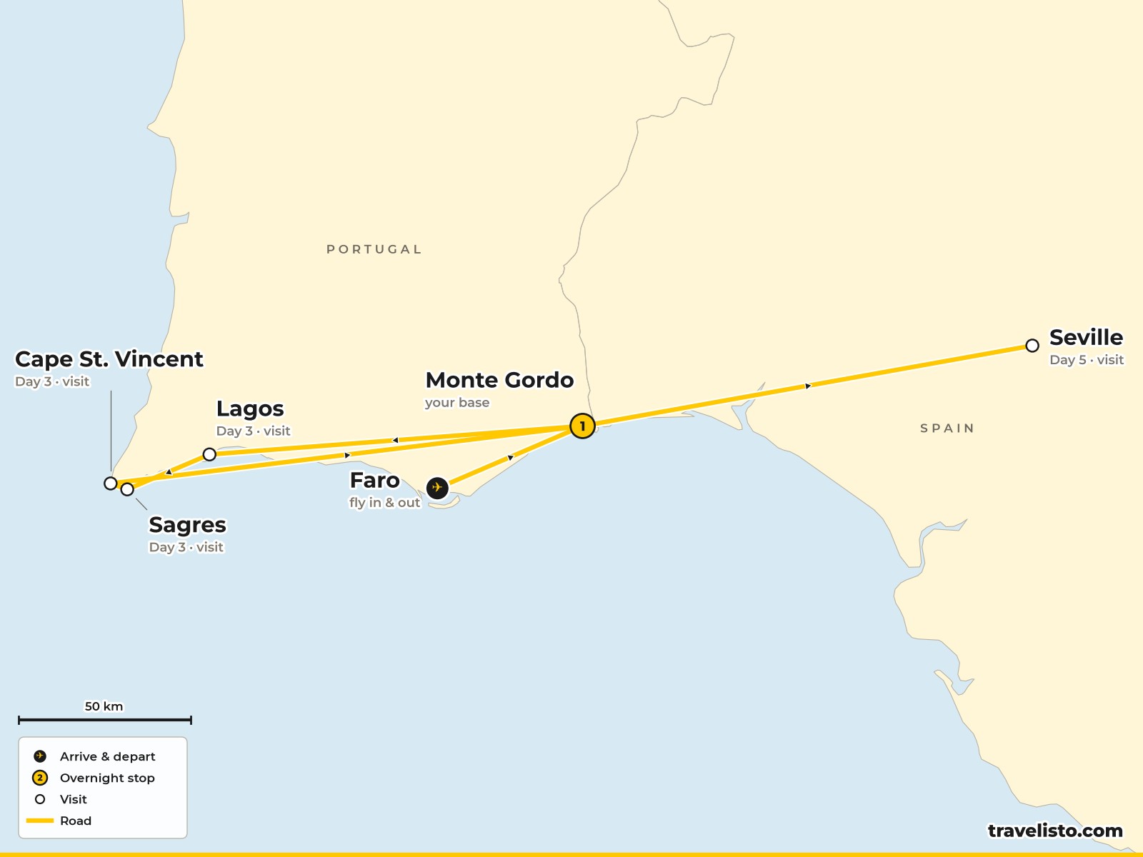 Map of the 8-day holiday based in Monte Gordo, with excursions to Lagos, Cape St Vincent and Seville