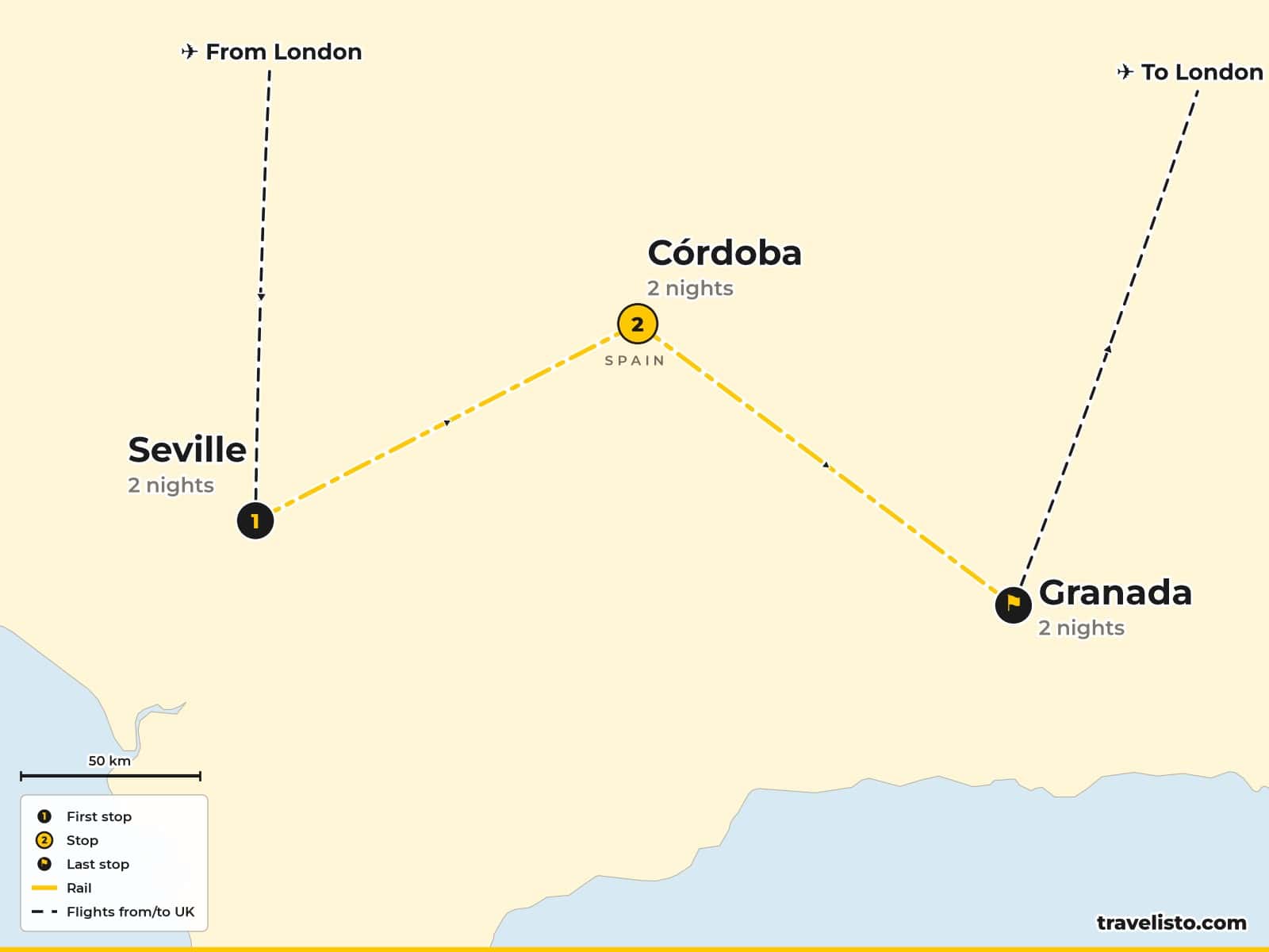 Route map: Seville, Córdoba & Granada