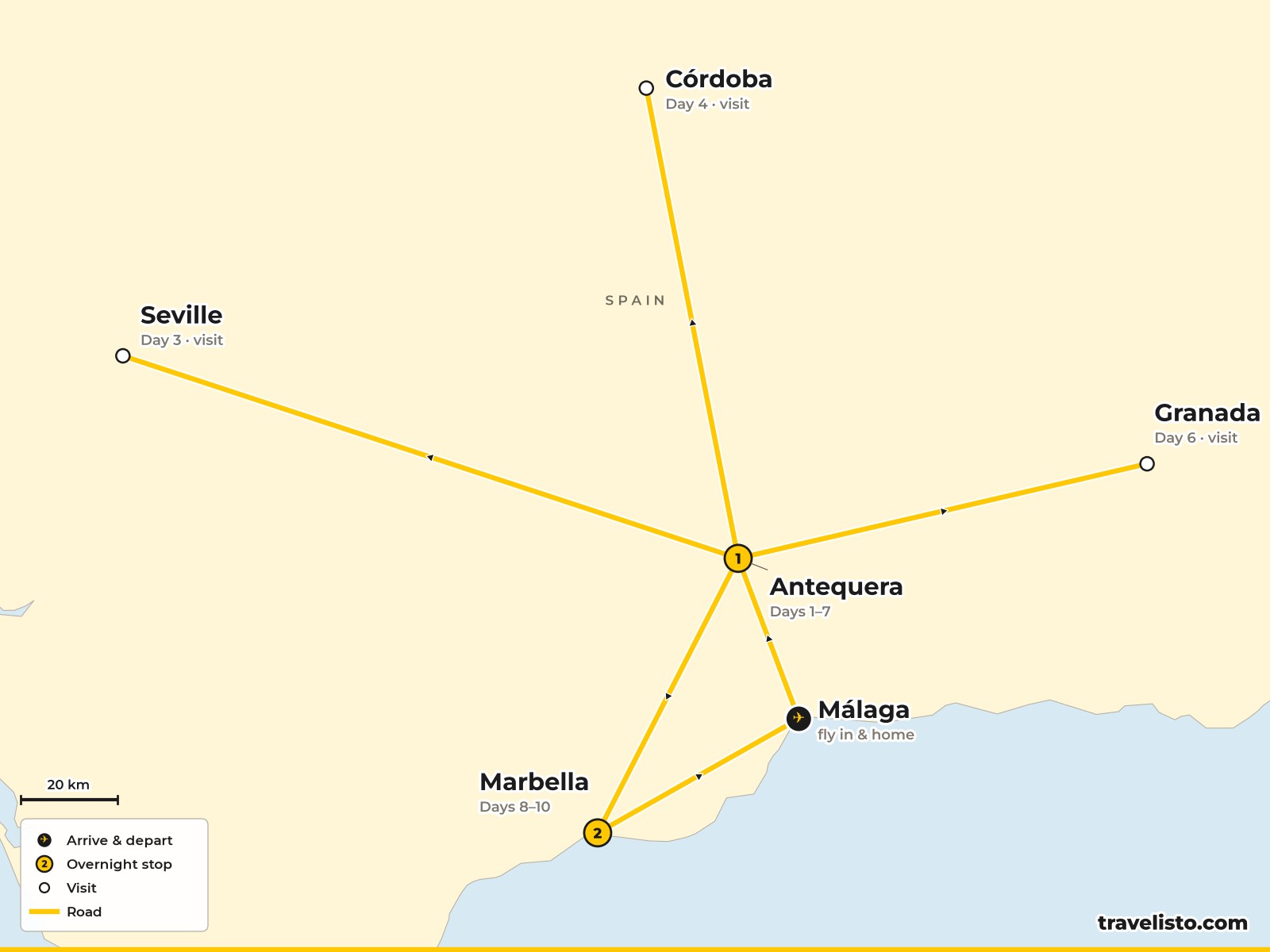 Map of the 11-day holiday from Málaga to Antequera, Seville, Córdoba, Granada and Marbella