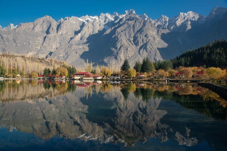 Mountains reflected in Lower Kachura (Shangrila) Lake near Skardu, Pakistan