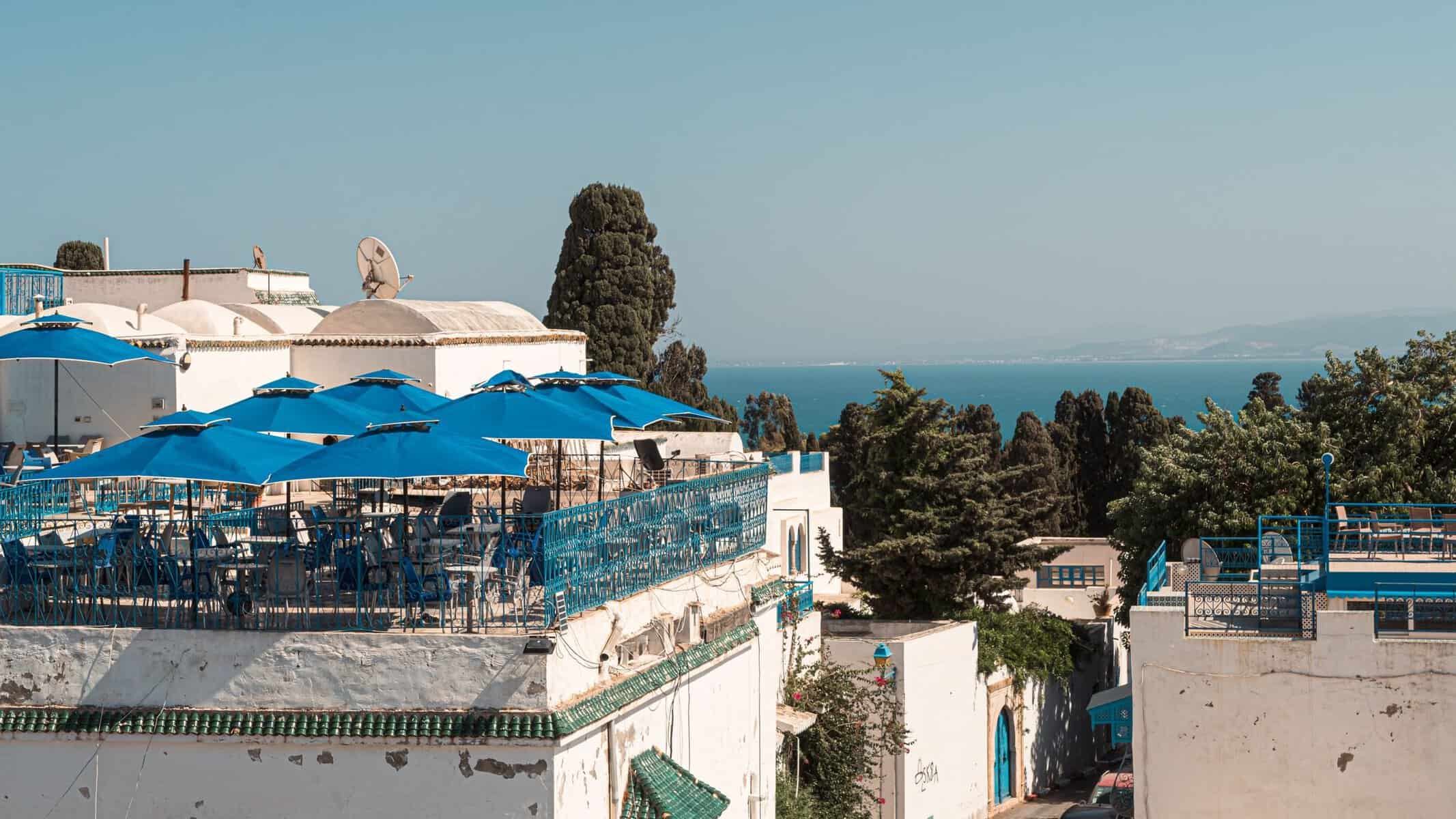 Blue-and-white terraces above the sea at Sidi Bou Said, Tunisia