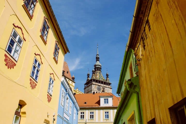 Colourful houses and the clock tower in Sighișoara, Romania
