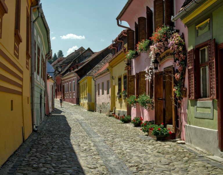 A colourful cobbled street in Sighișoara