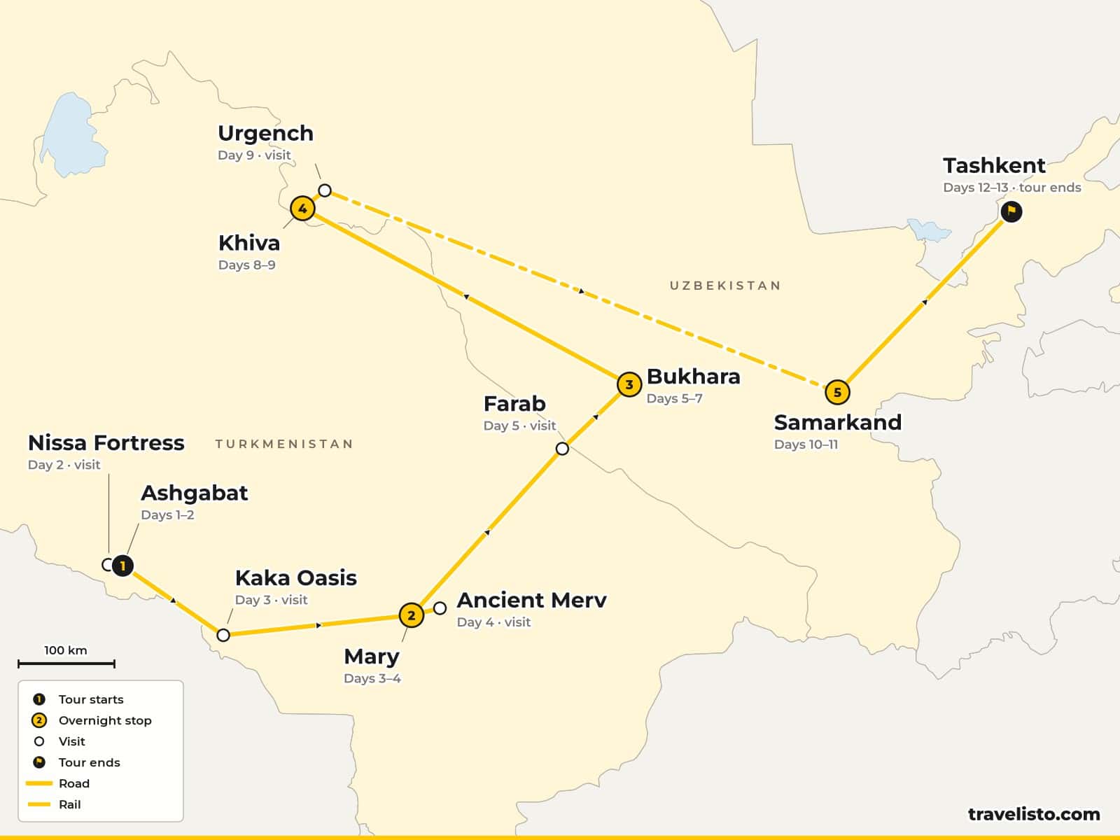 Map of the 13-day trip from Ashgabat to Nisa, Mary and Merv, across the border to Bukhara and Khiva, by train to Samarkand and on to Tashkent