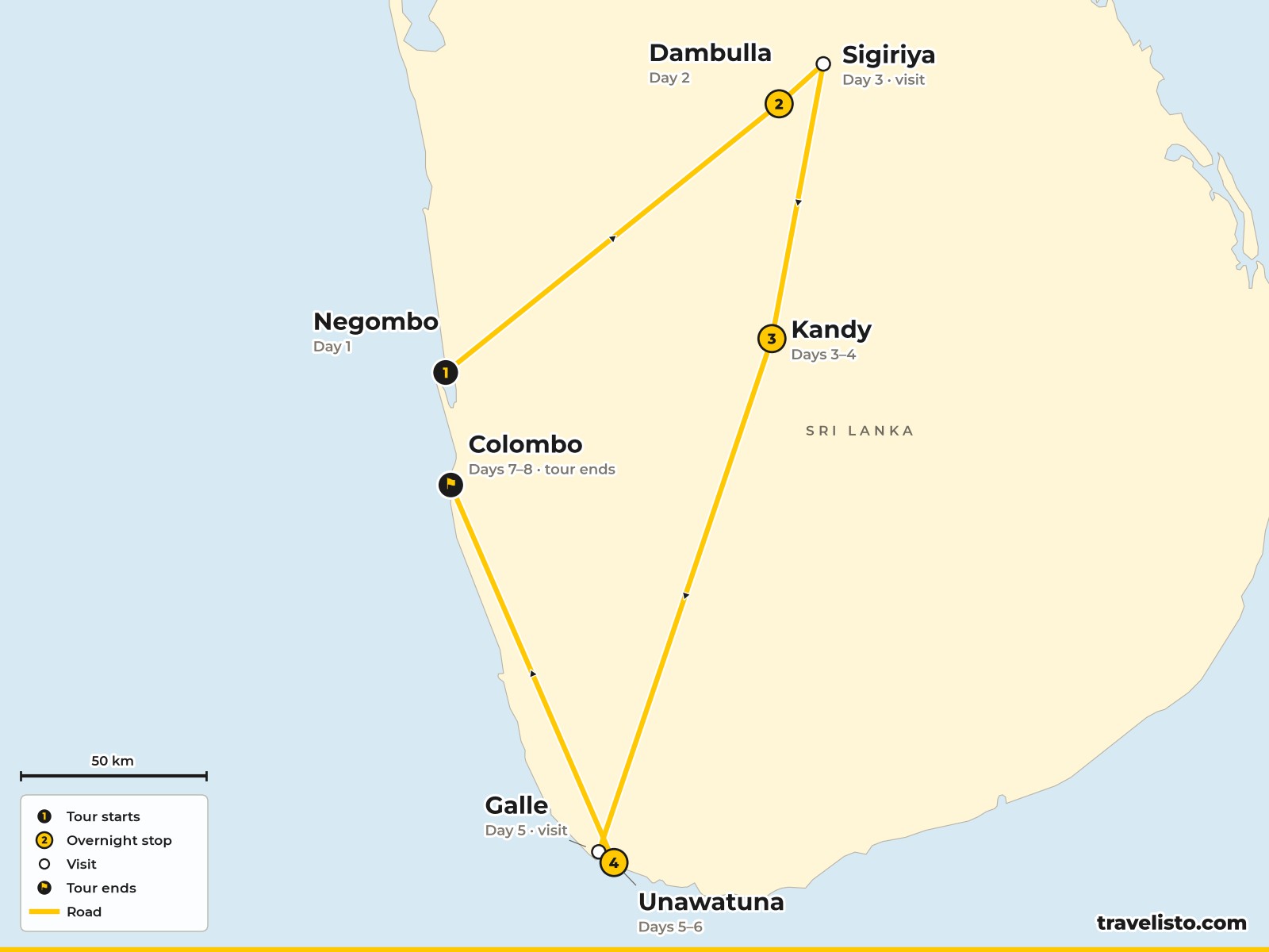 Map of the 8-day route from Negombo to Dambulla, Sigiriya, Kandy, Unawatuna, Galle and Colombo