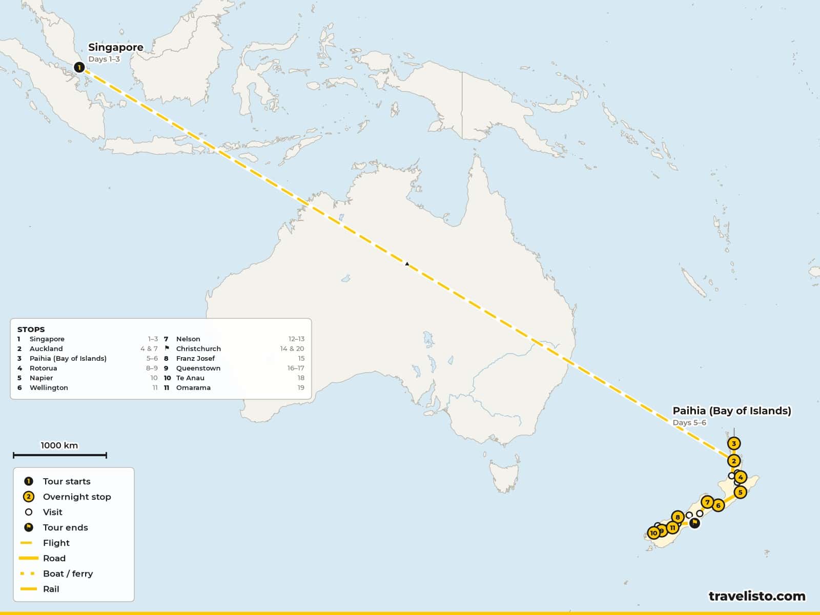 Map of the 22-day tour from Singapore to Auckland, through New Zealand's North and South Islands to Christchurch