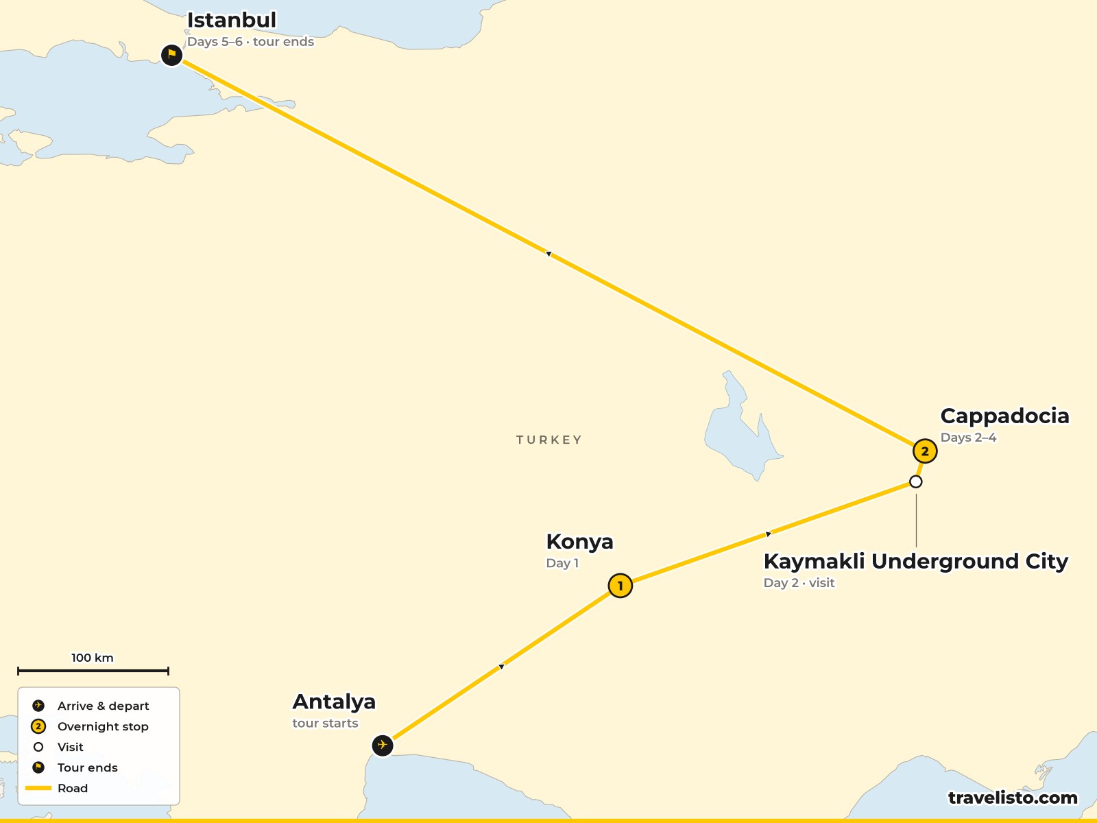 Map of the 6-day route from Antalya to Konya, Cappadocia and Istanbul