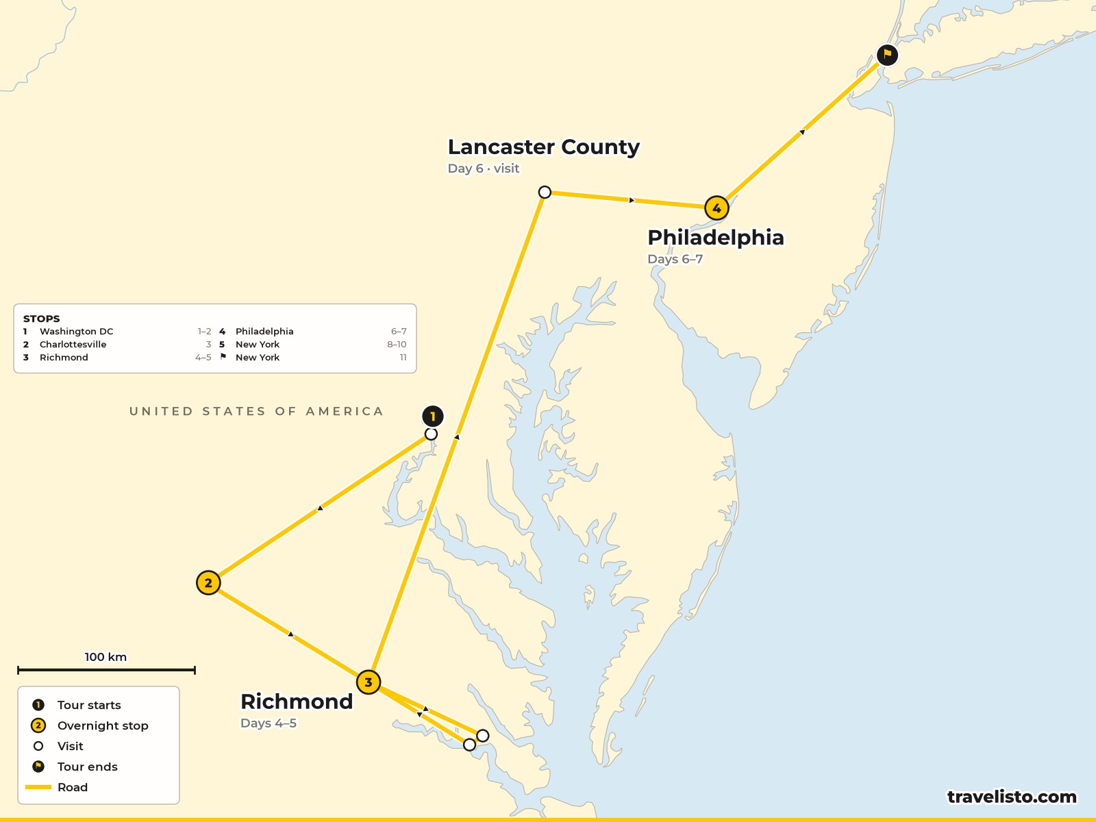 Map of the 12-day route from Washington DC to Virginia, Philadelphia and New York