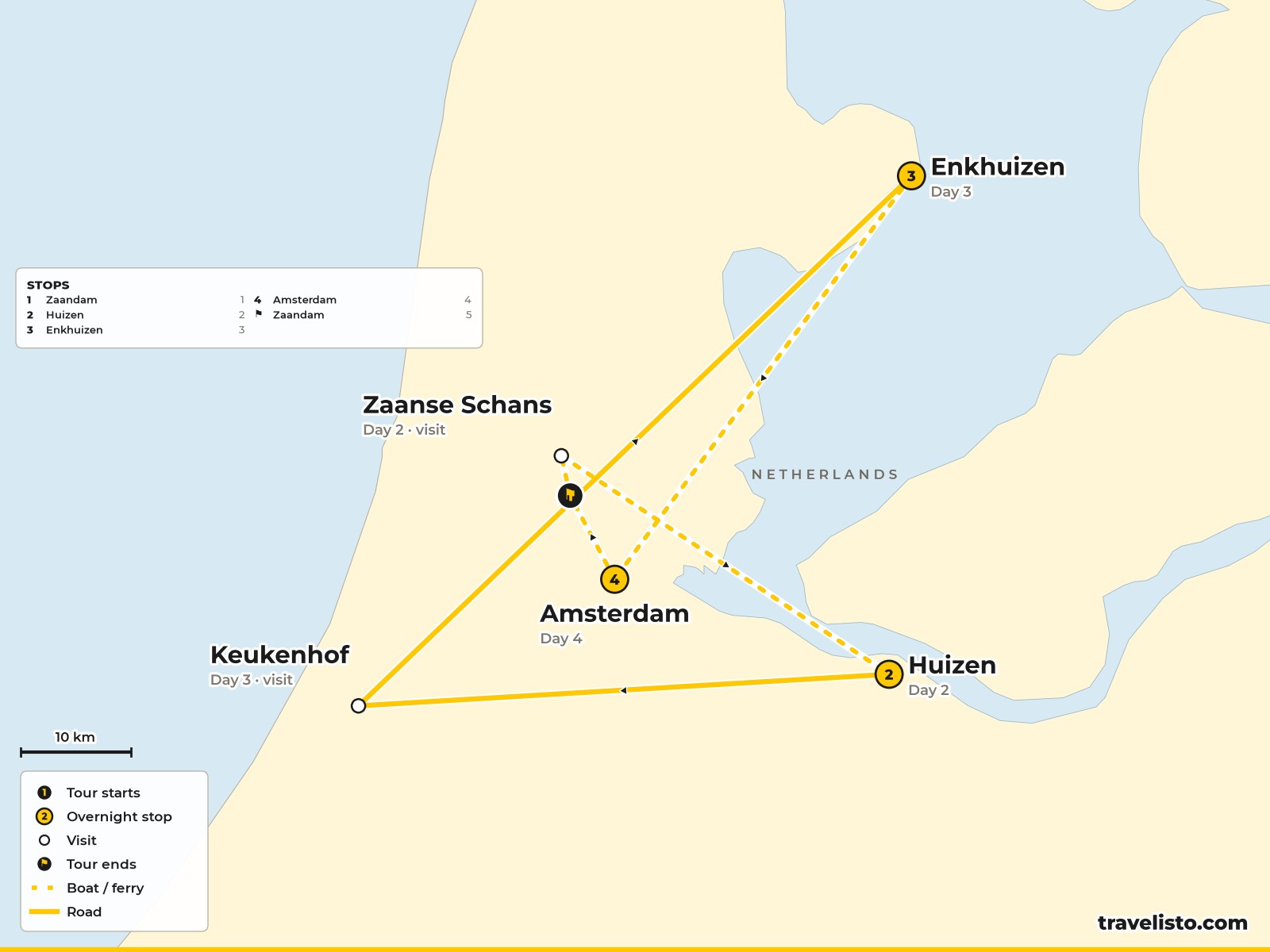 Map of the 5-day river cruise from Zaandam to Huizen, Enkhuizen and Amsterdam